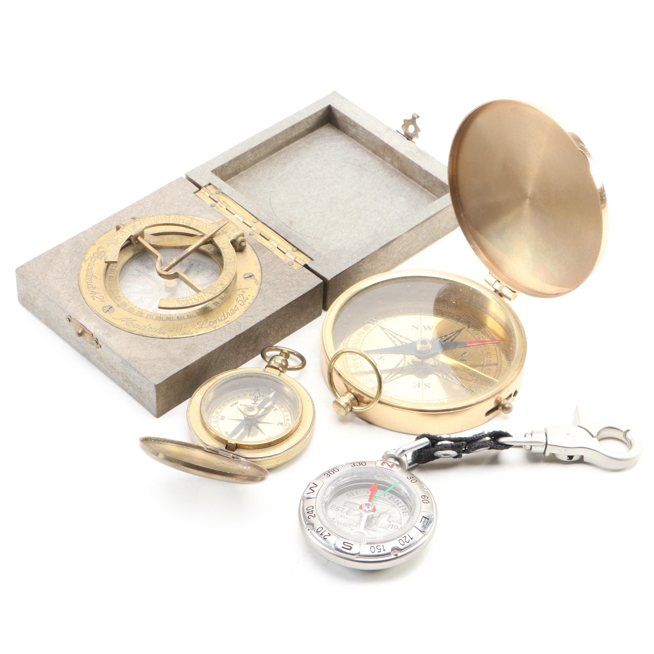 Equinoctial Sundial With Other Compasses and Keychain Compass