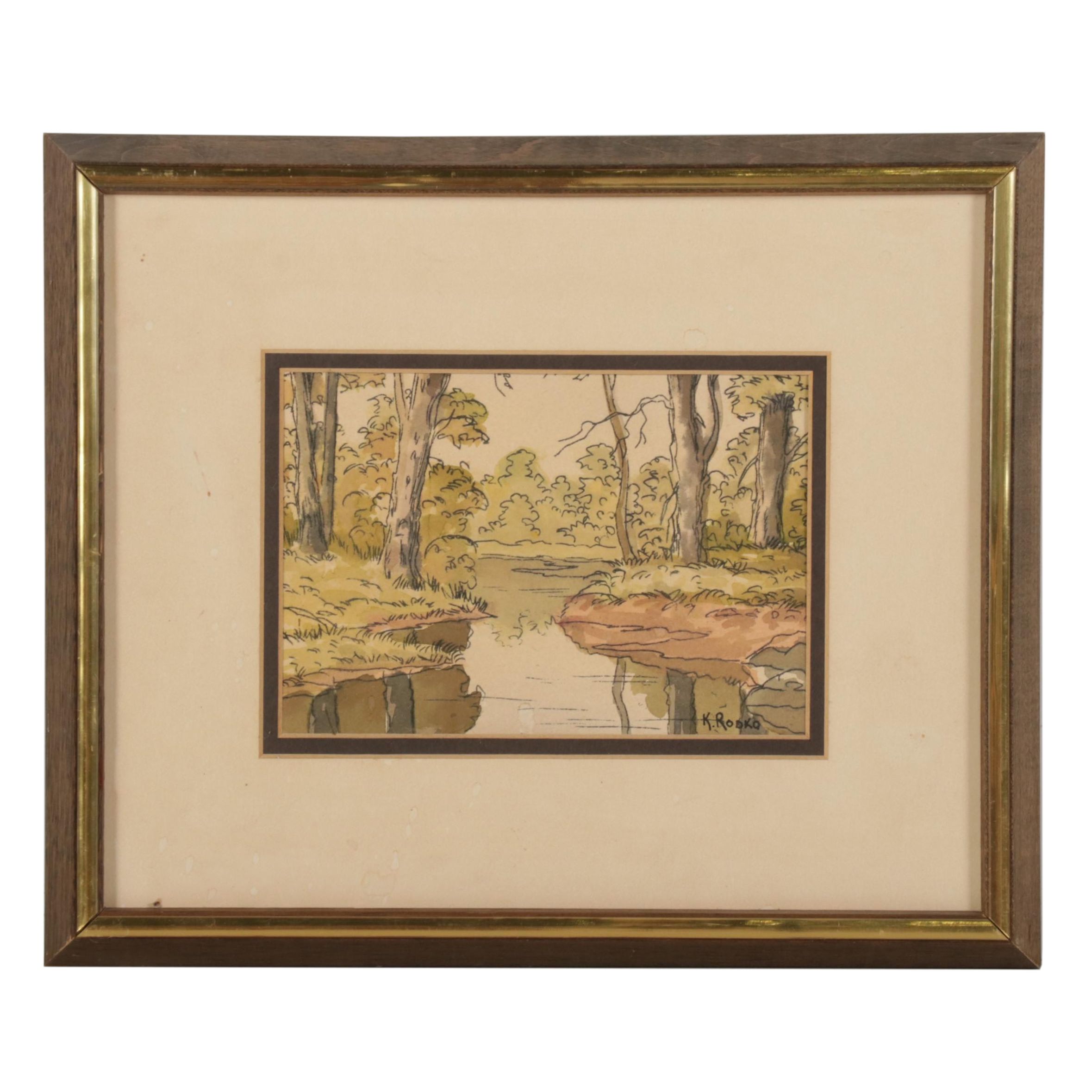 Konstantine Rodko Creekside Landscape Watercolor Painting, 20th Century