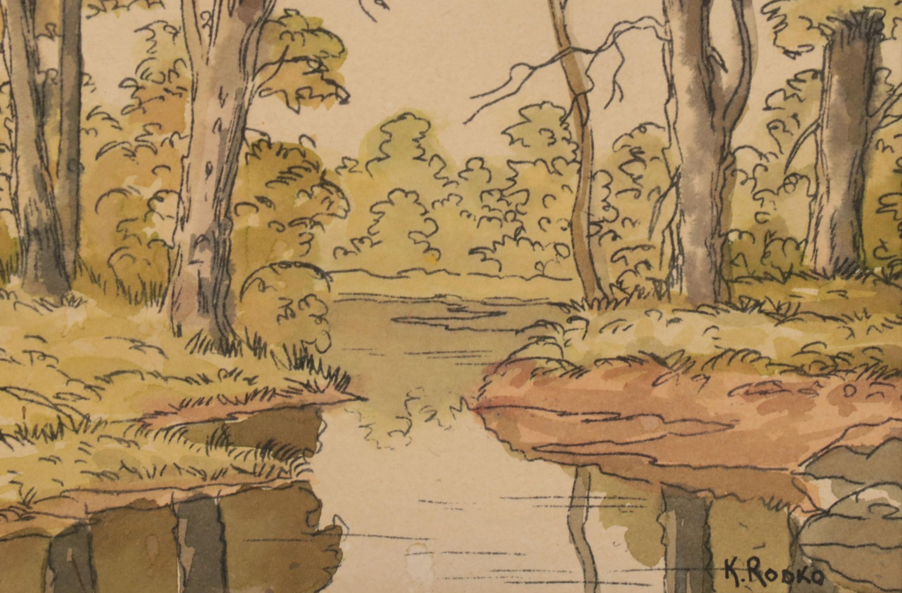 Konstantine Rodko Creekside Landscape Watercolor Painting, 20th Century