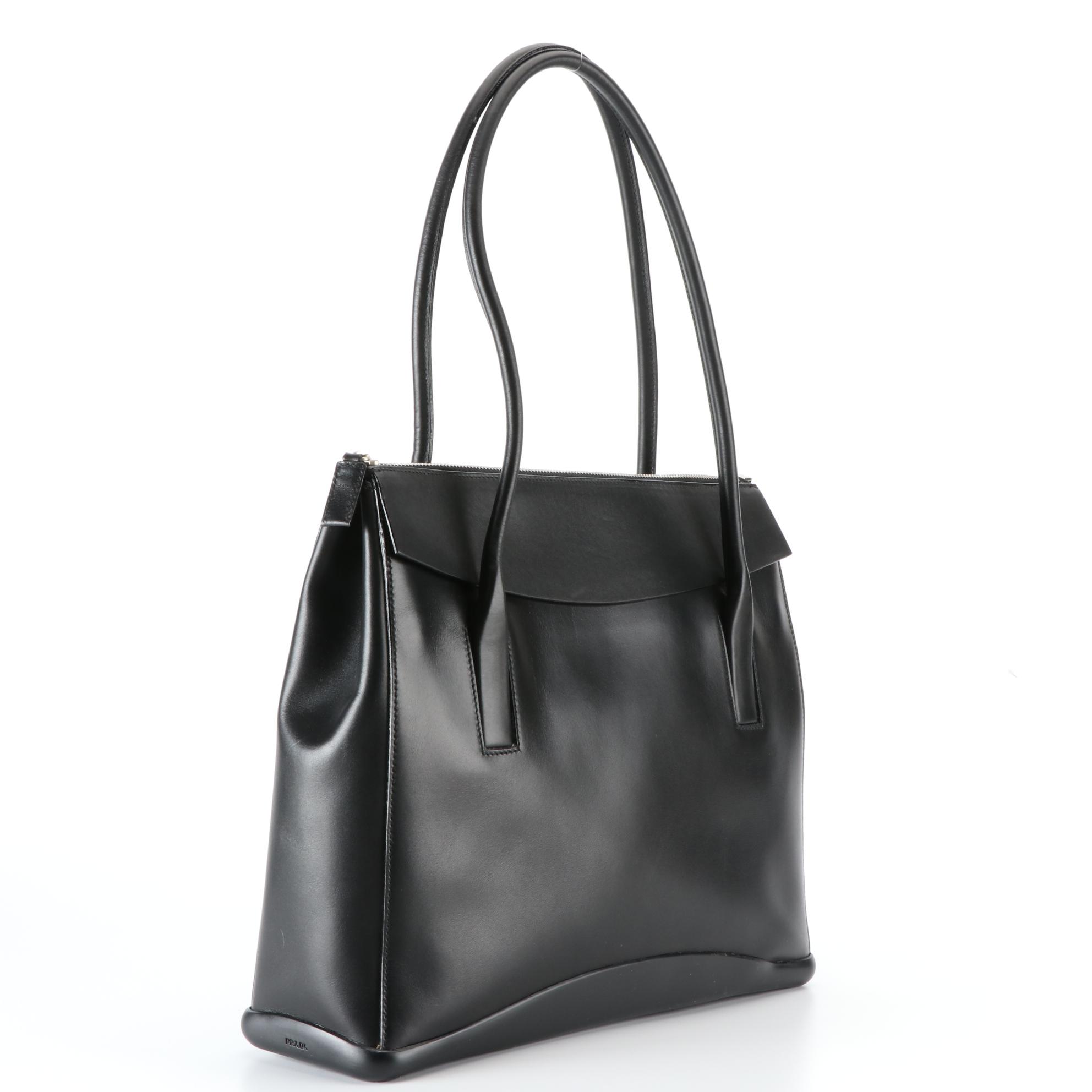 Prada Medium Zip Shoulder Bag in Black Calfskin Leather with Rubber Base