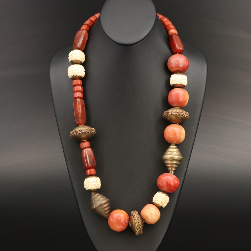 Coral, Mahogany Jasper and Bone Beaded Necklace