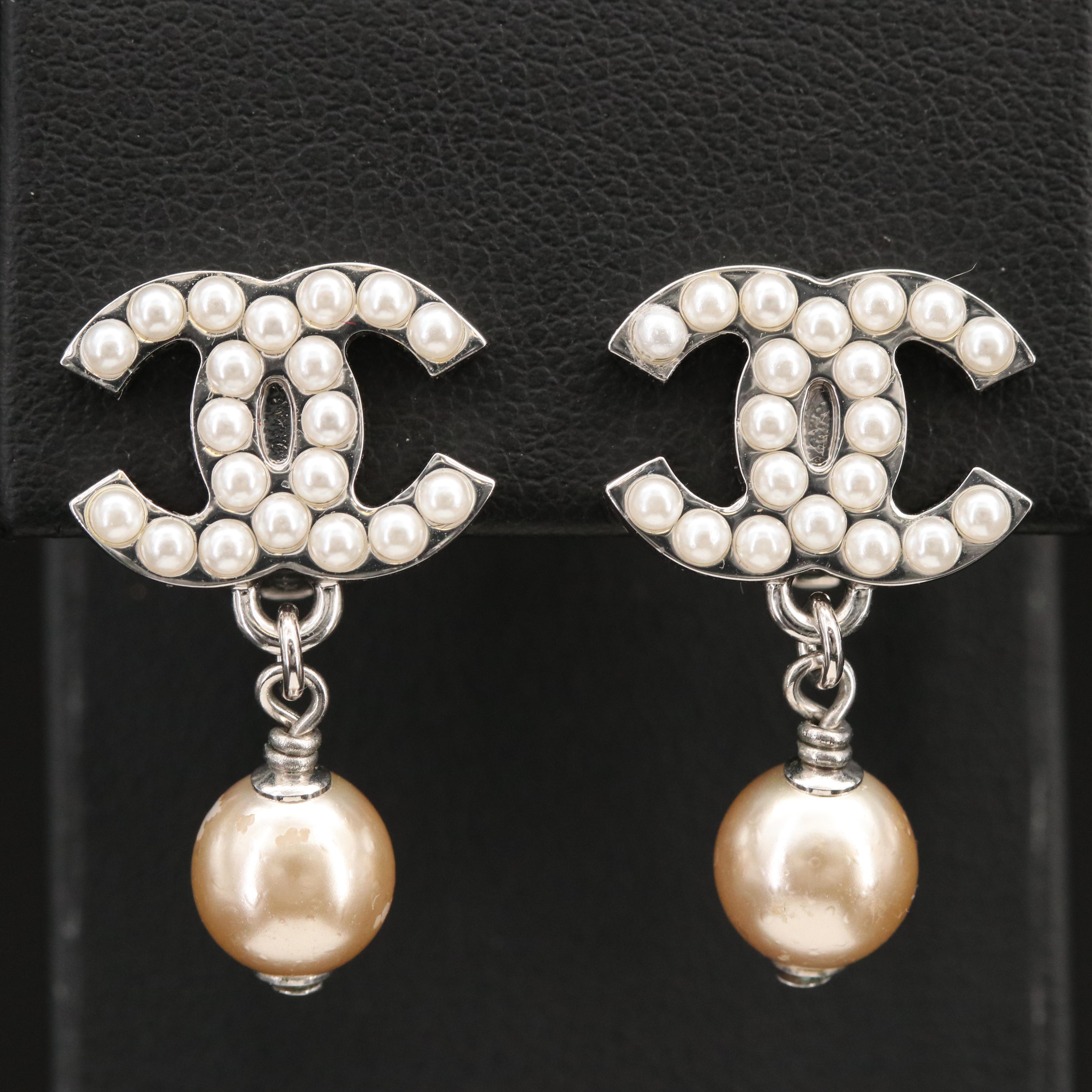 Chanel Faux Pearl Logo Earrings