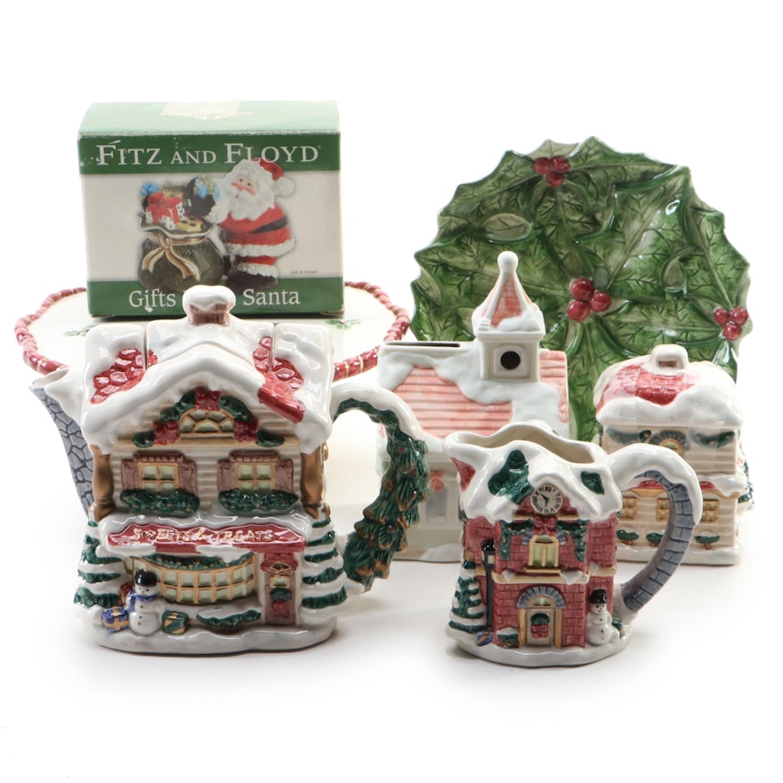 Fitz and Floyd "Hometown Christmas" Teapot with Assorted Christmas Serveware