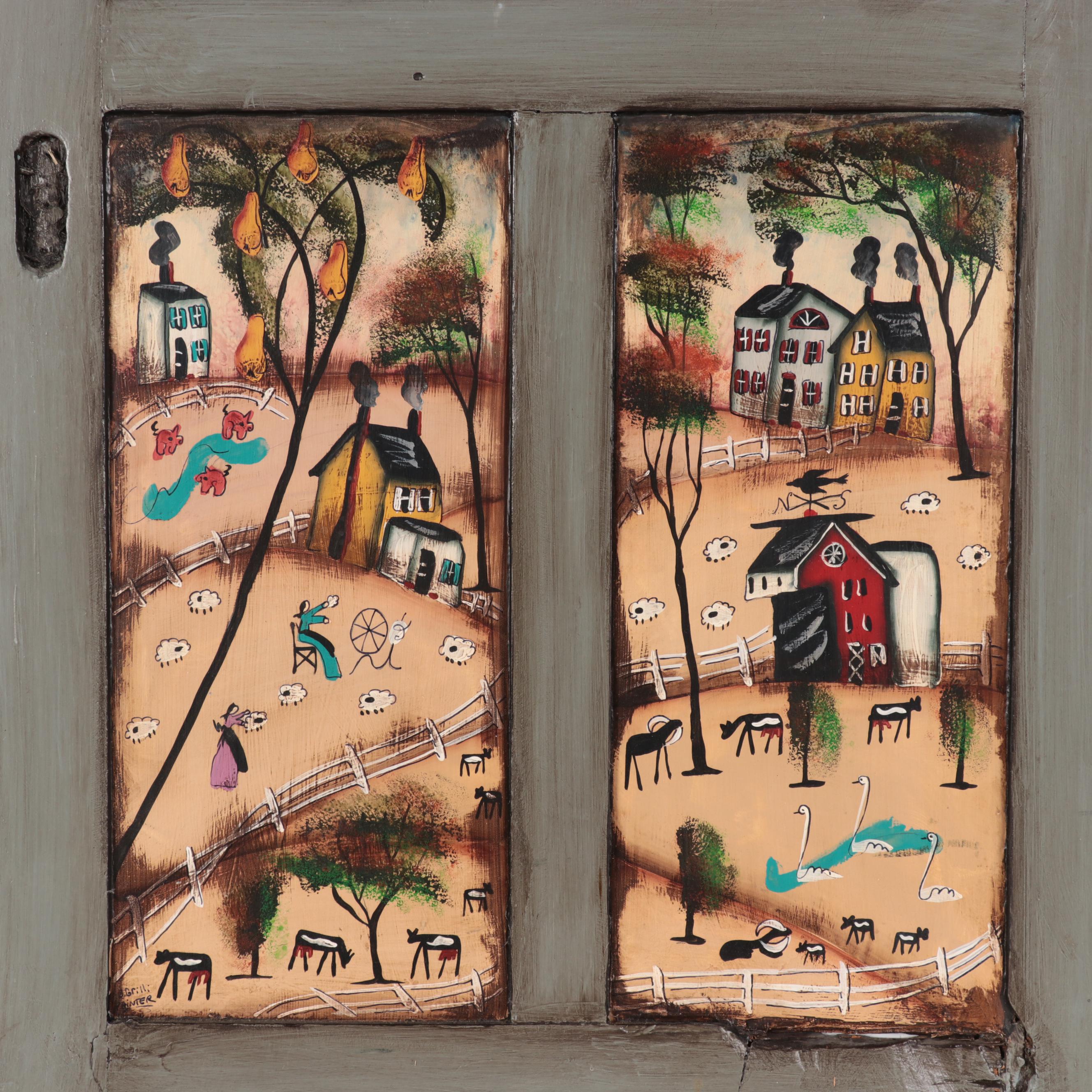 Bonnie Grilli Folk Acrylic Painting on Wooden Door With Mirror
