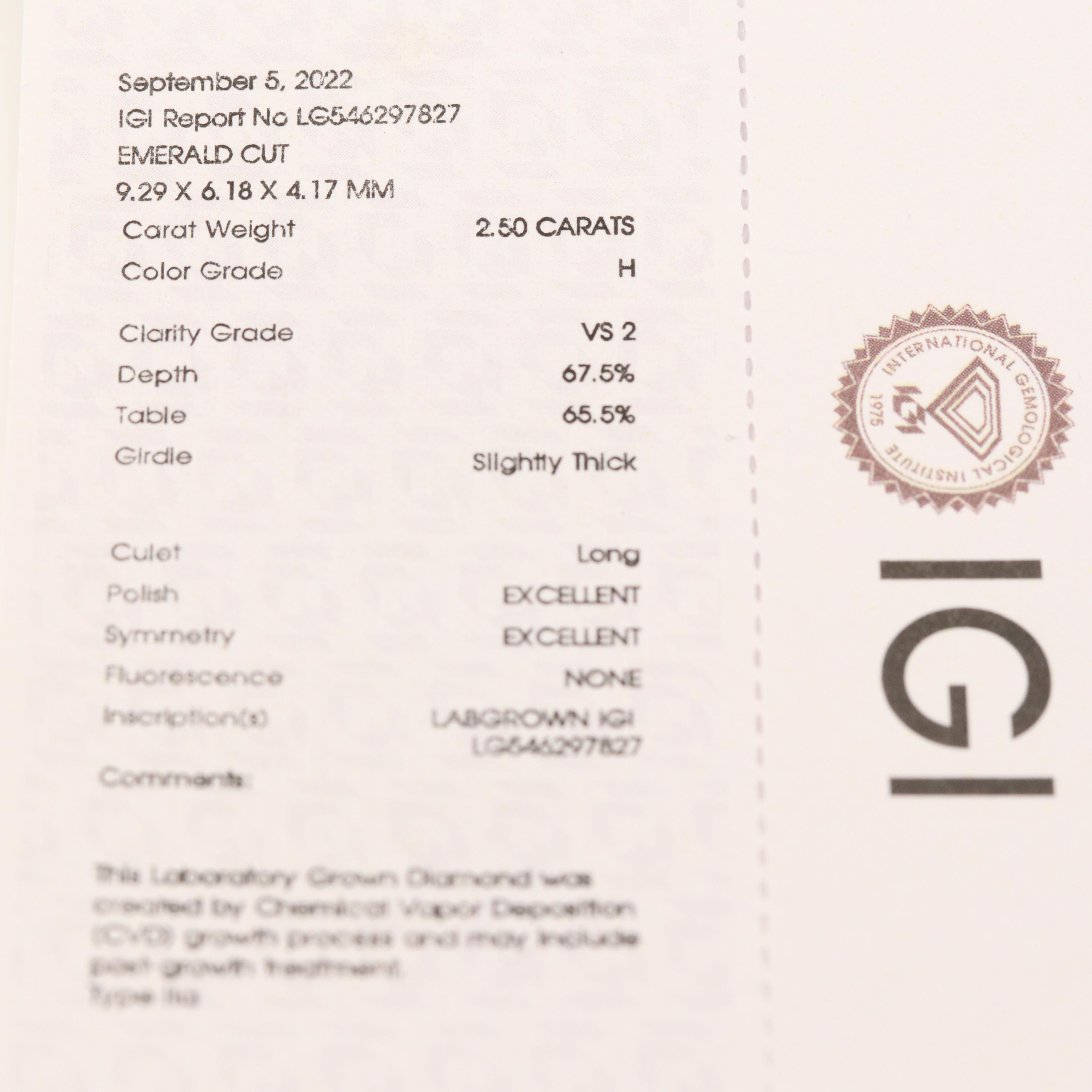 Loose 2.50 CT Lab Grown Diamond with IGI Report