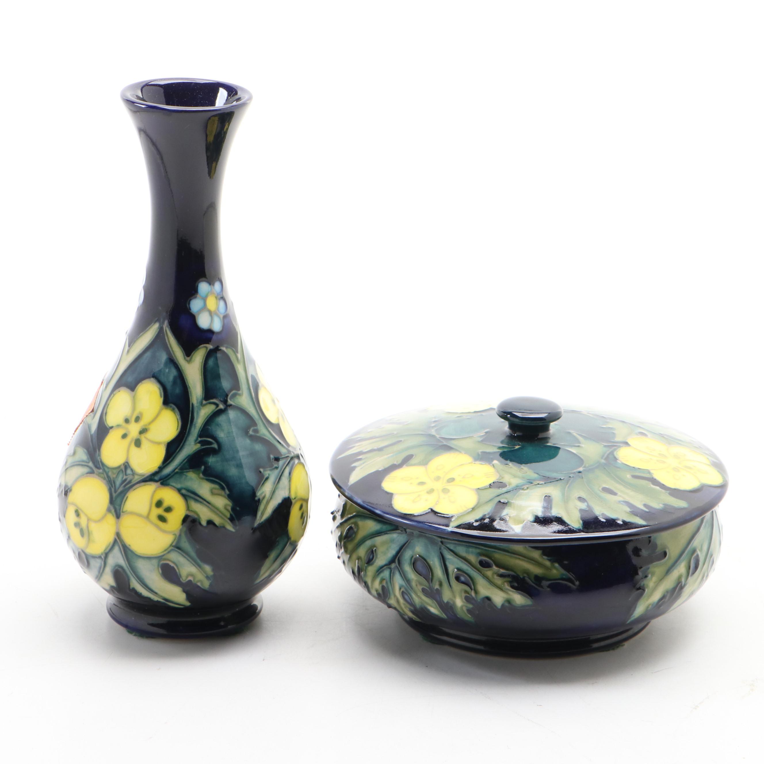 Moorcroft Pottery "Buttercup" Vase and Lidded Vessel, Late 20th Century