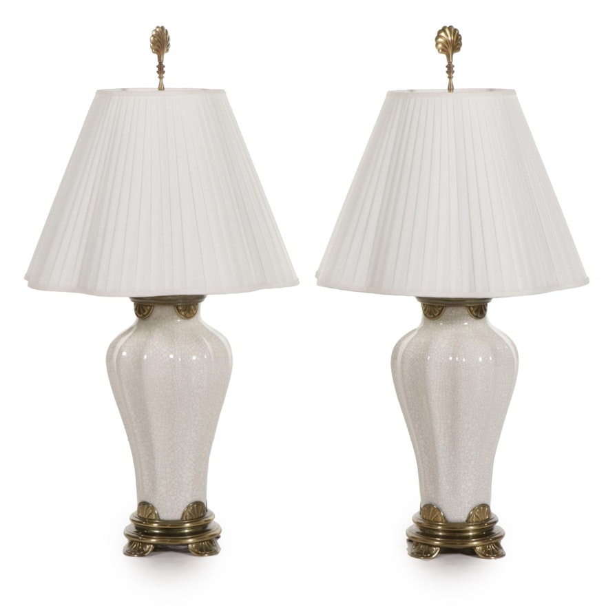 Pair of Ceramic Table Lamps with Brass Bases, 21st Century