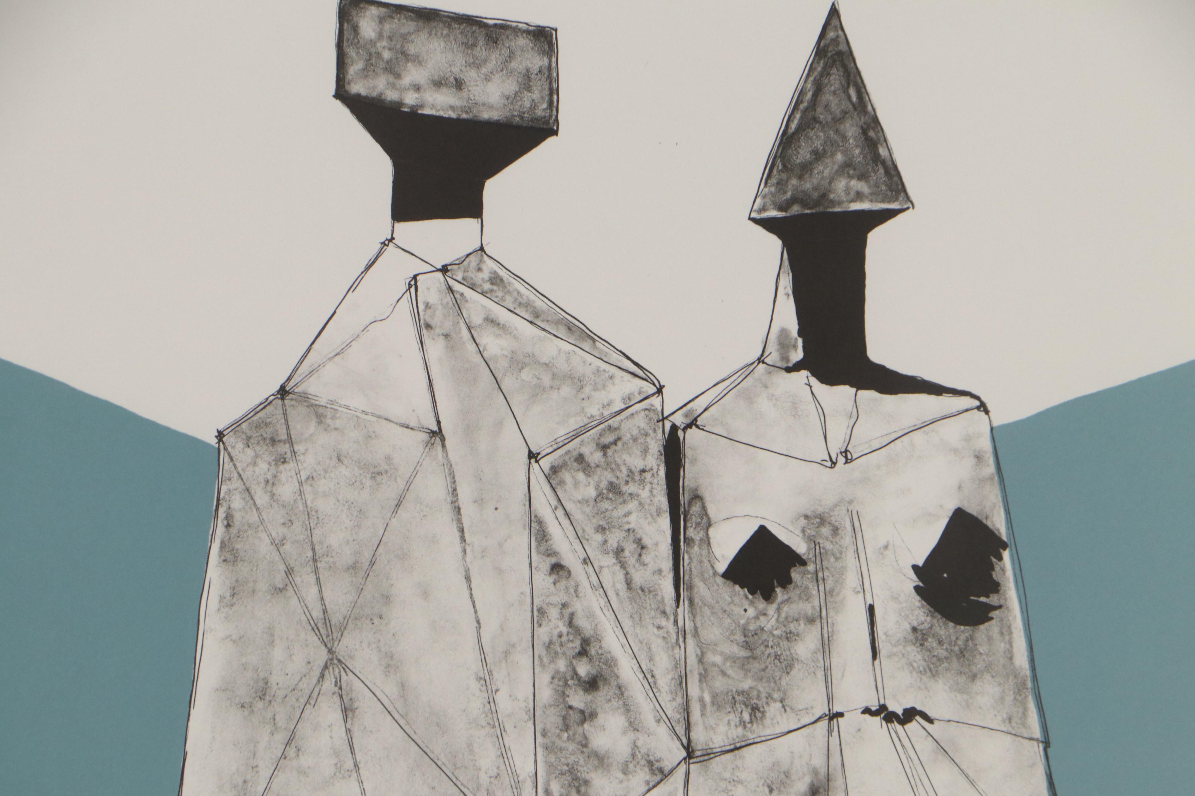 Lynn Chadwick Lithograph "Two Seated Figures on a Blue Wave," 1971