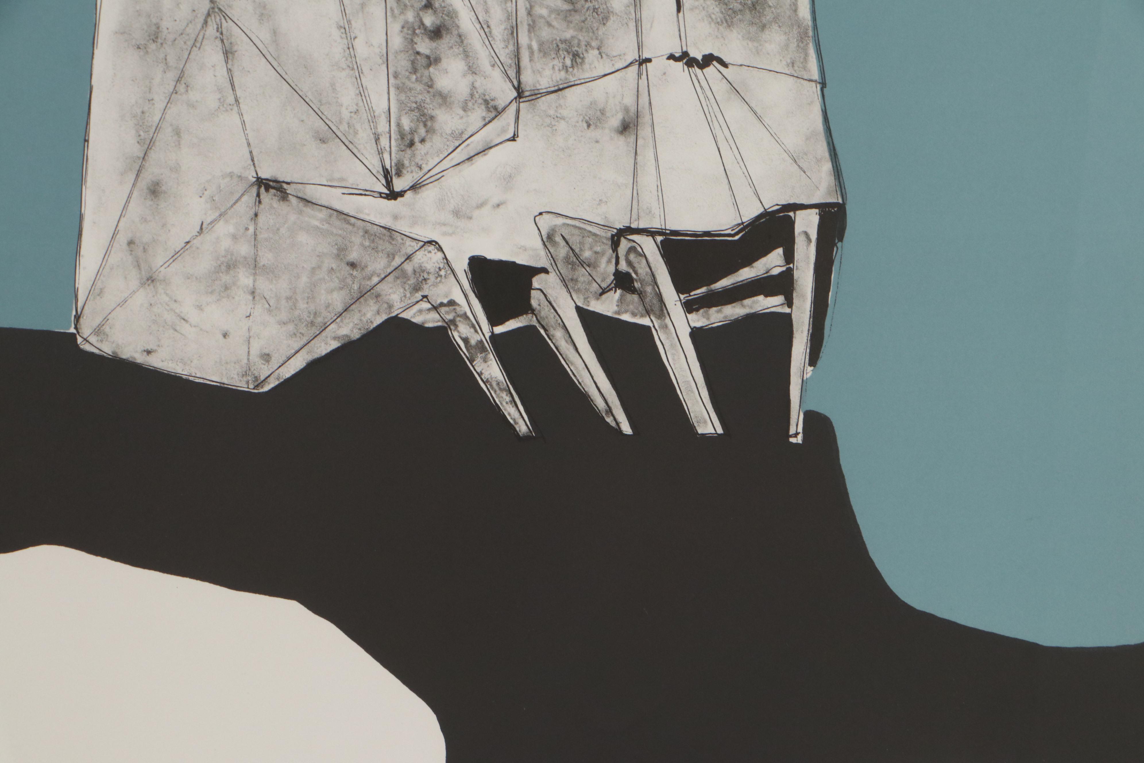 Lynn Chadwick Lithograph "Two Seated Figures on a Blue Wave," 1971