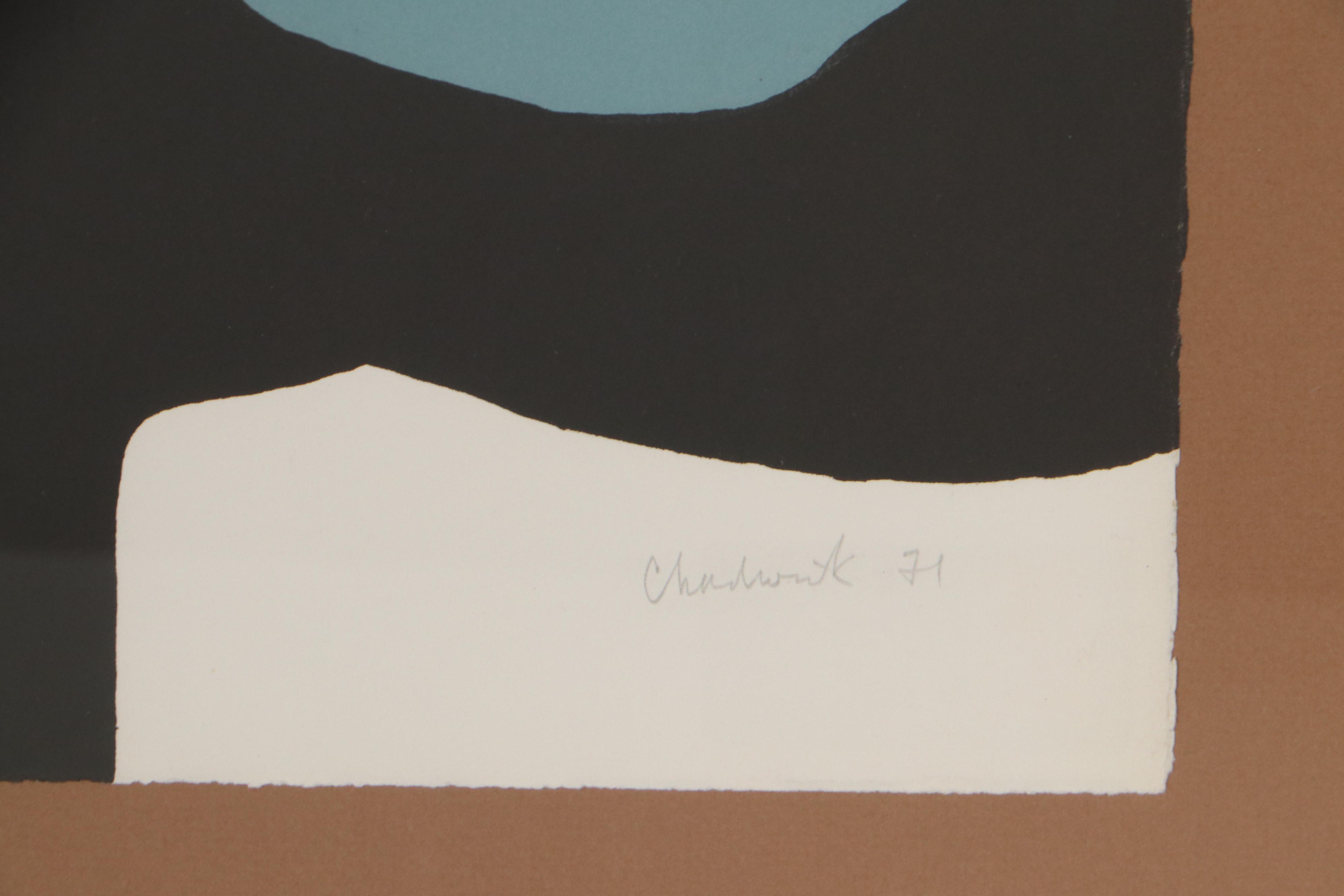 Lynn Chadwick Lithograph "Two Seated Figures on a Blue Wave," 1971