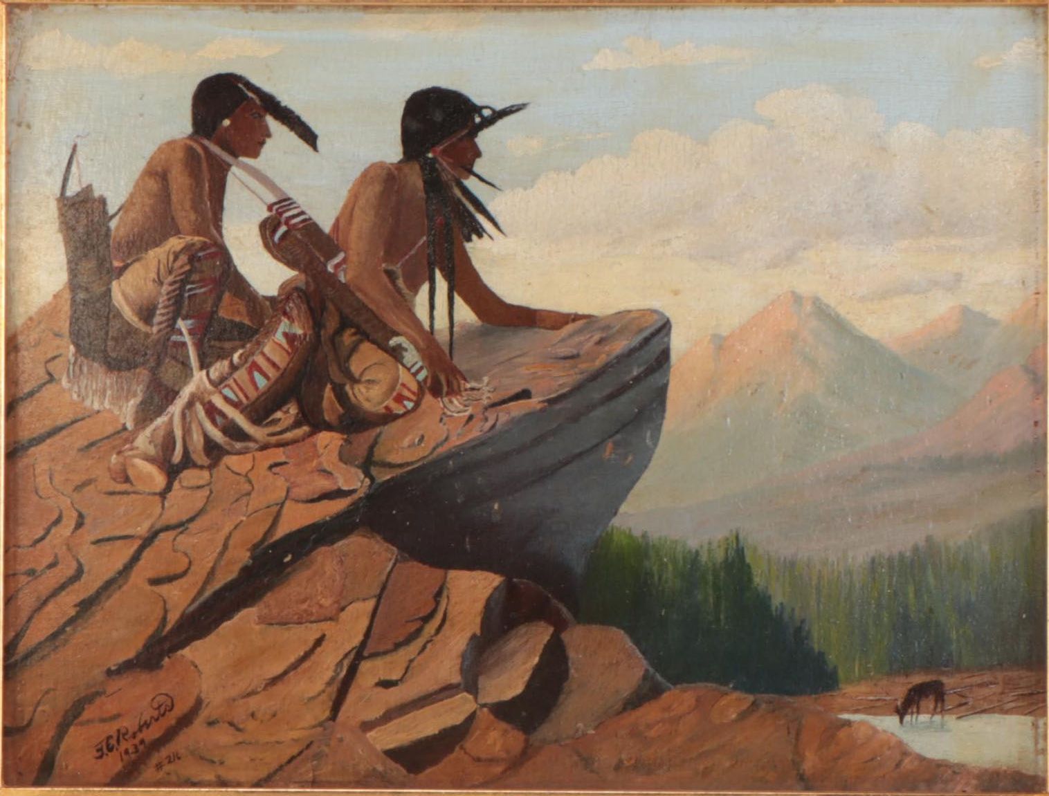 F. E. Roberts Oil Painting of Native Americans Hunting Deer, 1939