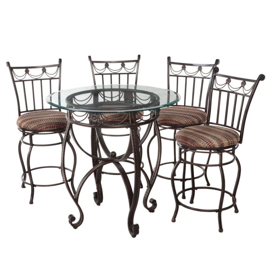 Five-Piece Bronze-Patinated Metal and Glass Top Counter-Height Dining Set