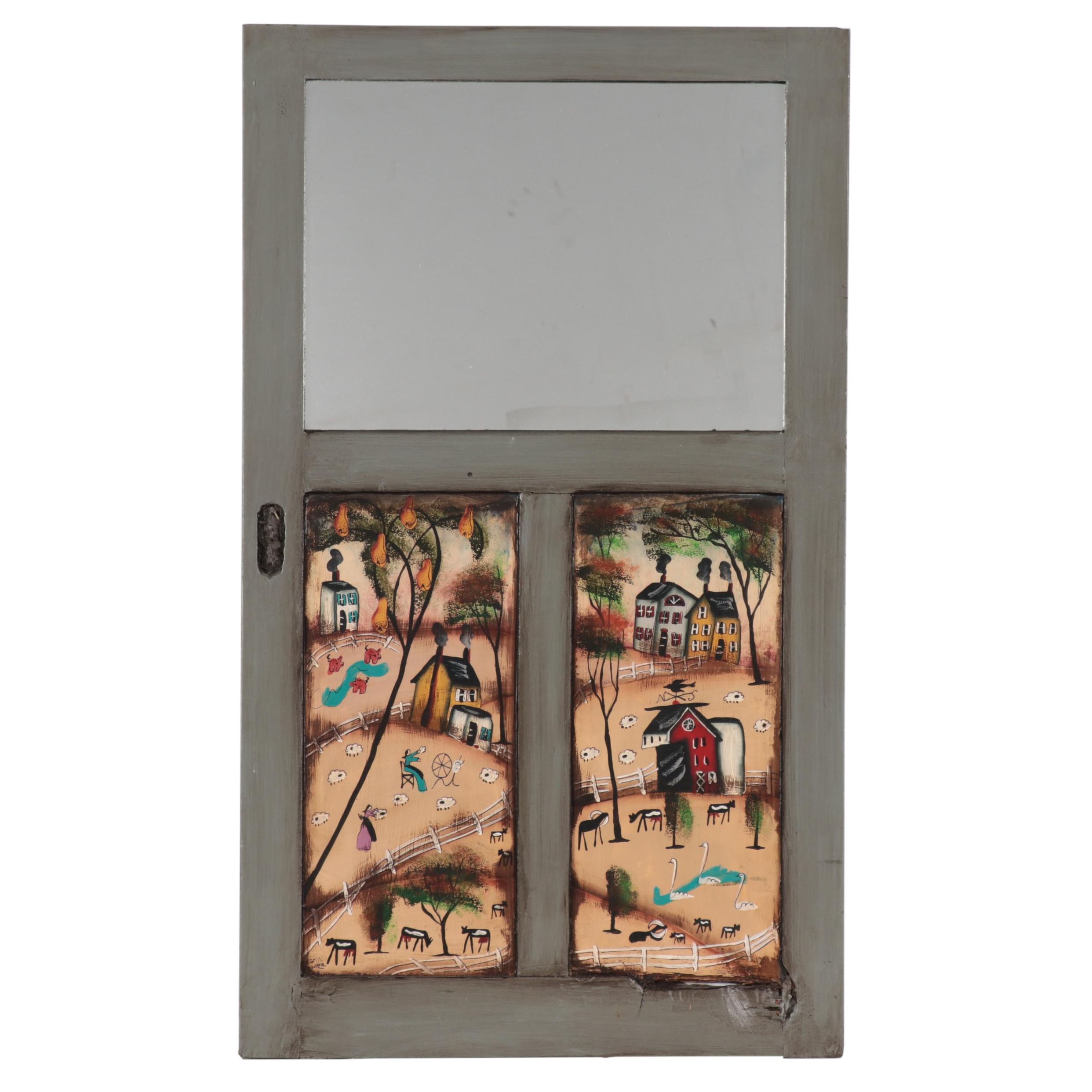 Bonnie Grilli Folk Acrylic Painting on Wooden Door With Mirror