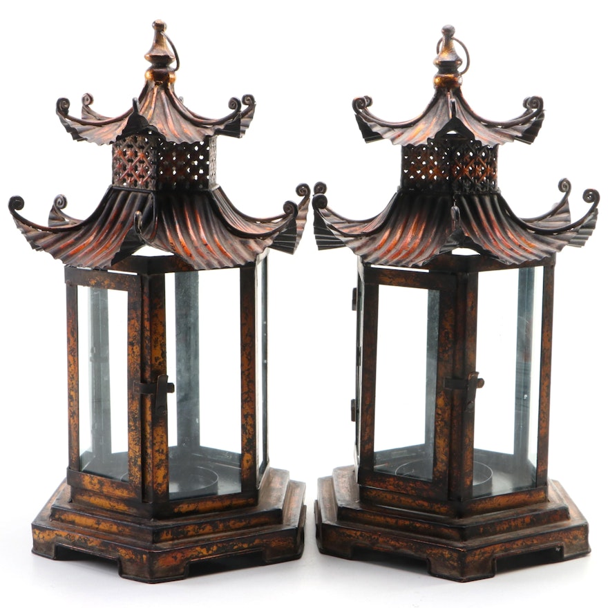 Pair of Three Hands Corp. Metal and Glass Pagoda Shaped Candle Lanterns