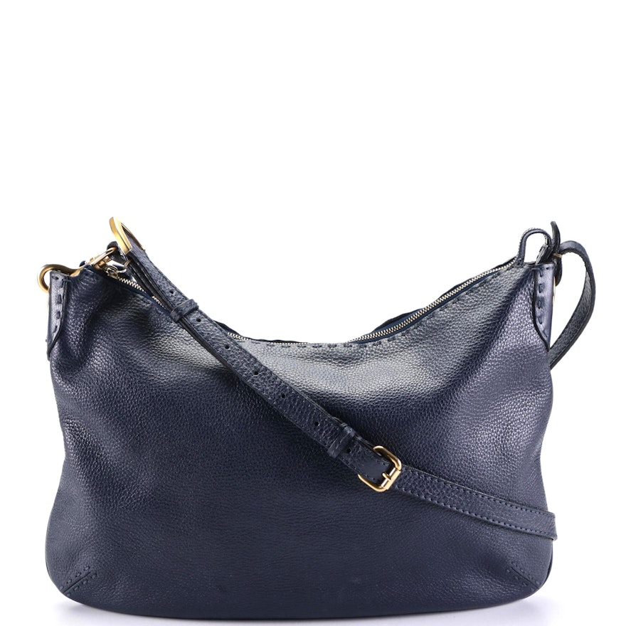 Fendi Selleria Medium Slim Zip Shoulder Bag in Blue Calfskin Grained Leather