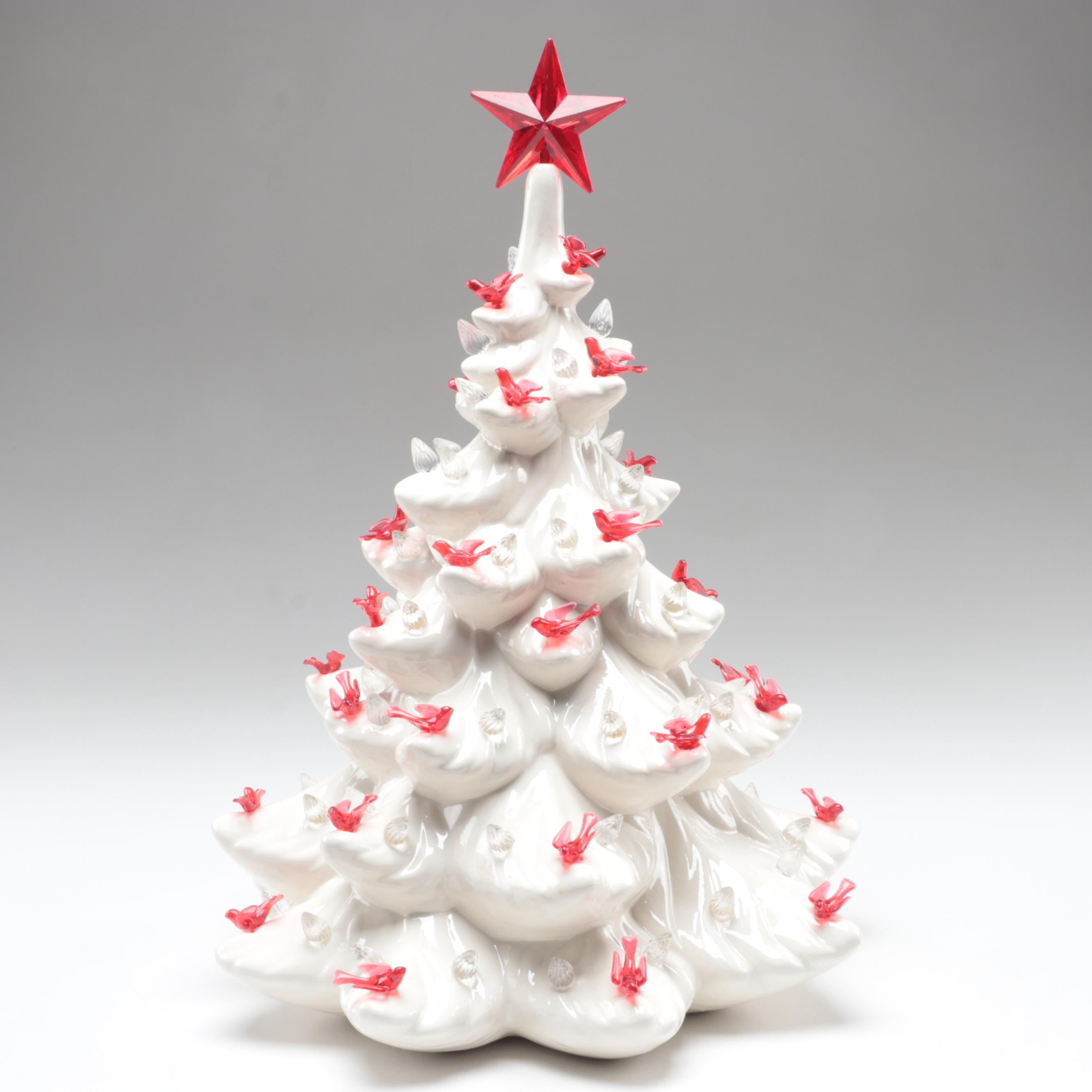 White Ceramic Christmas Tree Candle Holder with Red Star and Doves