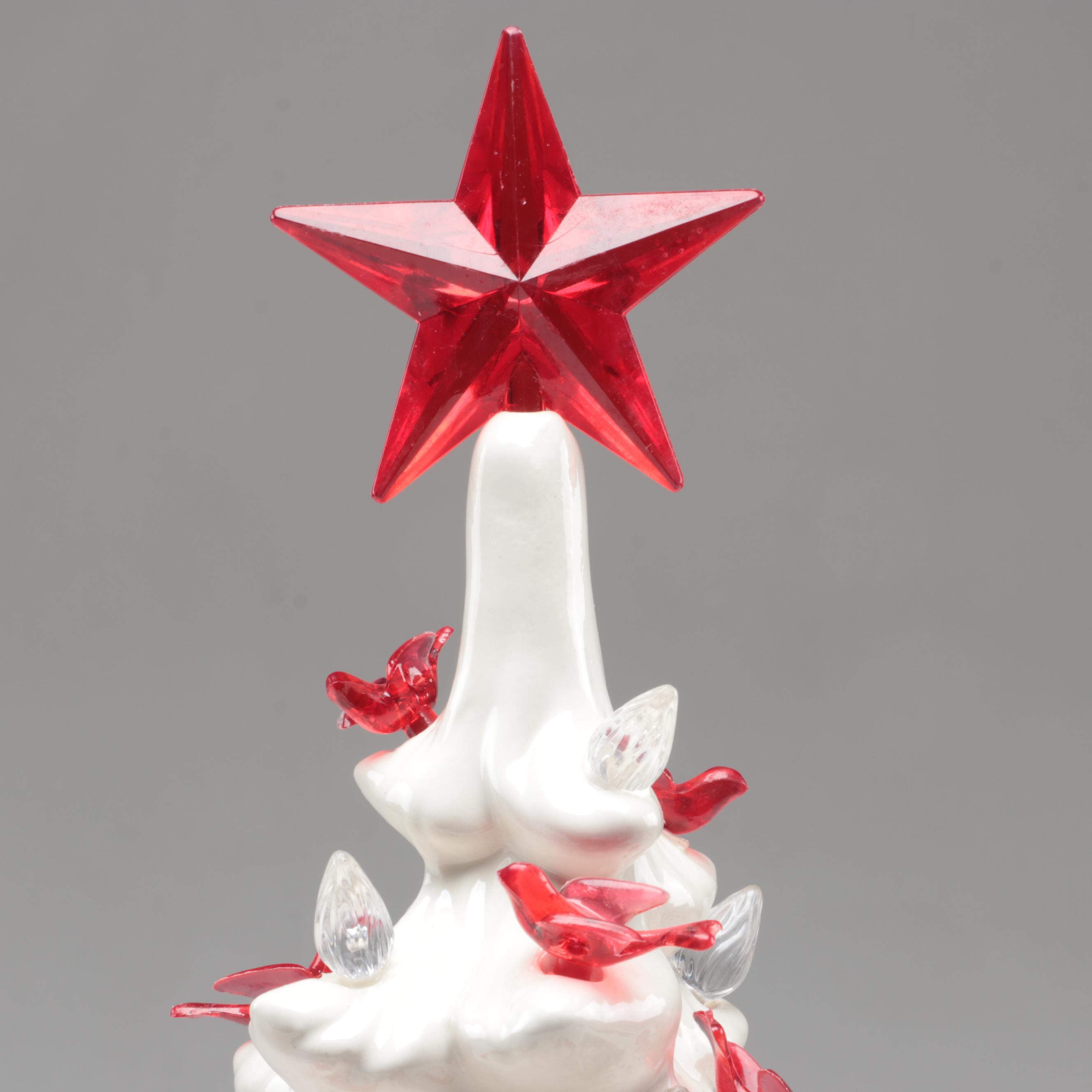 White Ceramic Christmas Tree Candle Holder with Red Star and Doves
