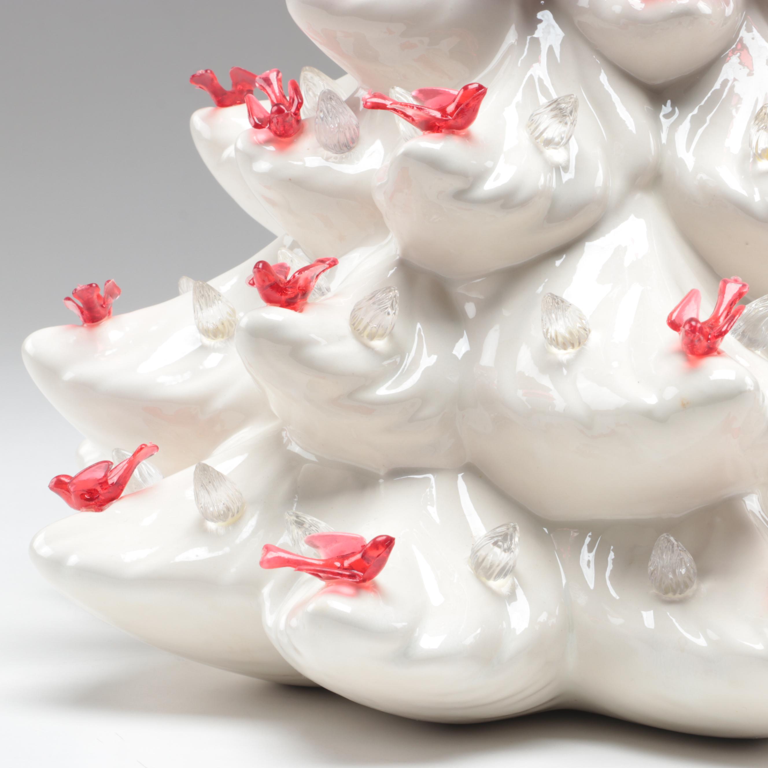 White Ceramic Christmas Tree Candle Holder with Red Star and Doves