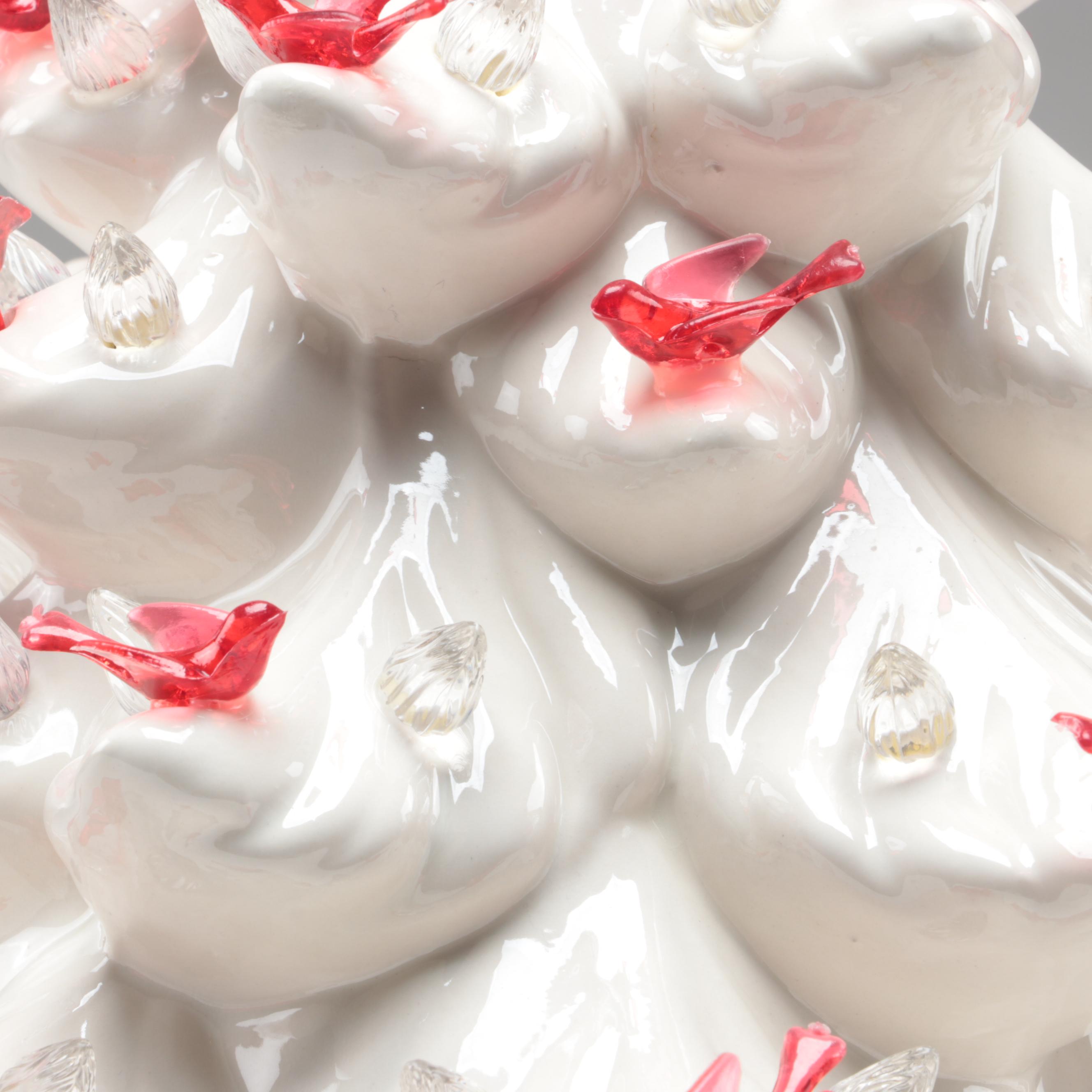 White Ceramic Christmas Tree Candle Holder with Red Star and Doves