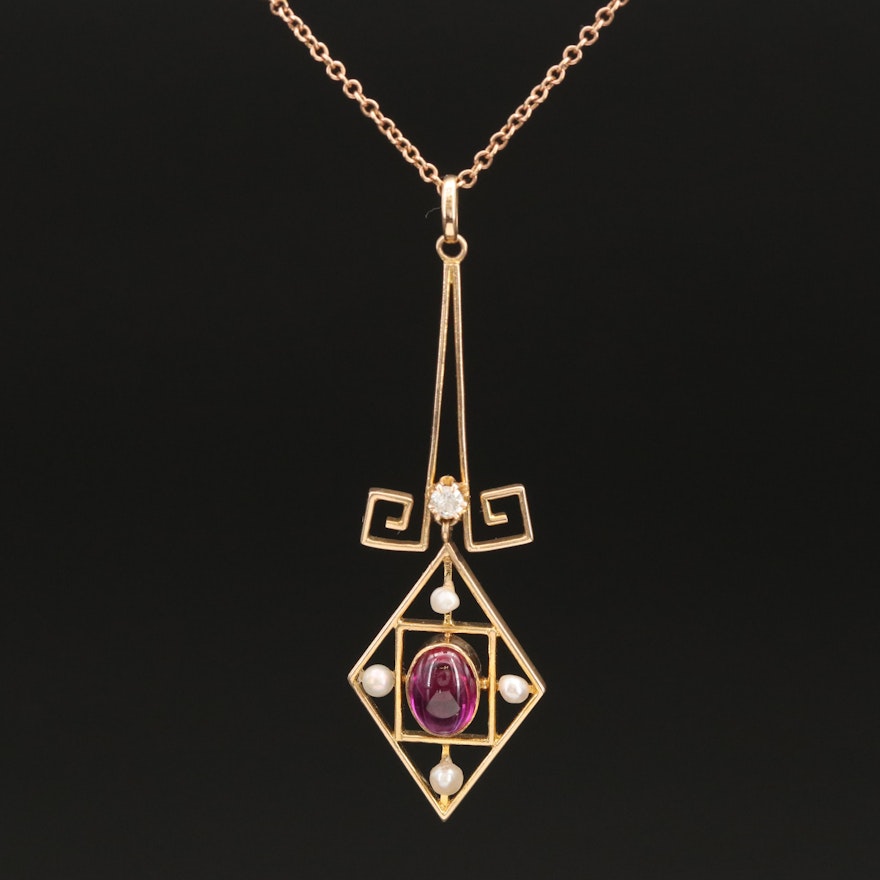 Vintage 10K Ruby, Diamond and Seed Pearl Pendant Necklace