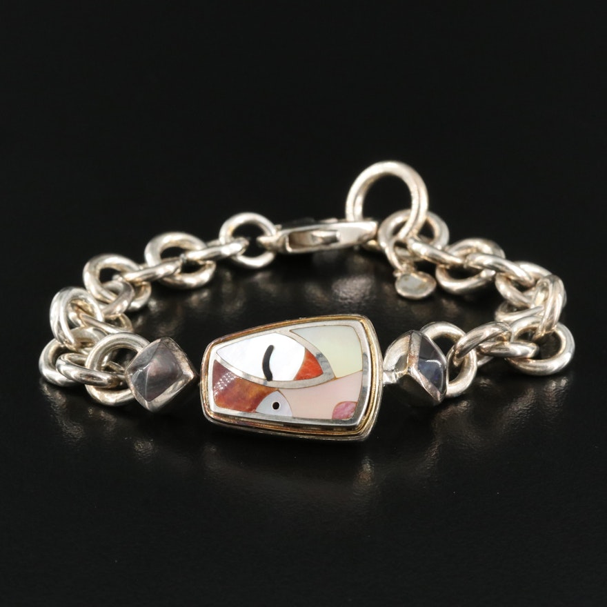 OAG Sterling Mother-of-Pearl and Spiny Oyster Inlay Bracelet with 18K Accent