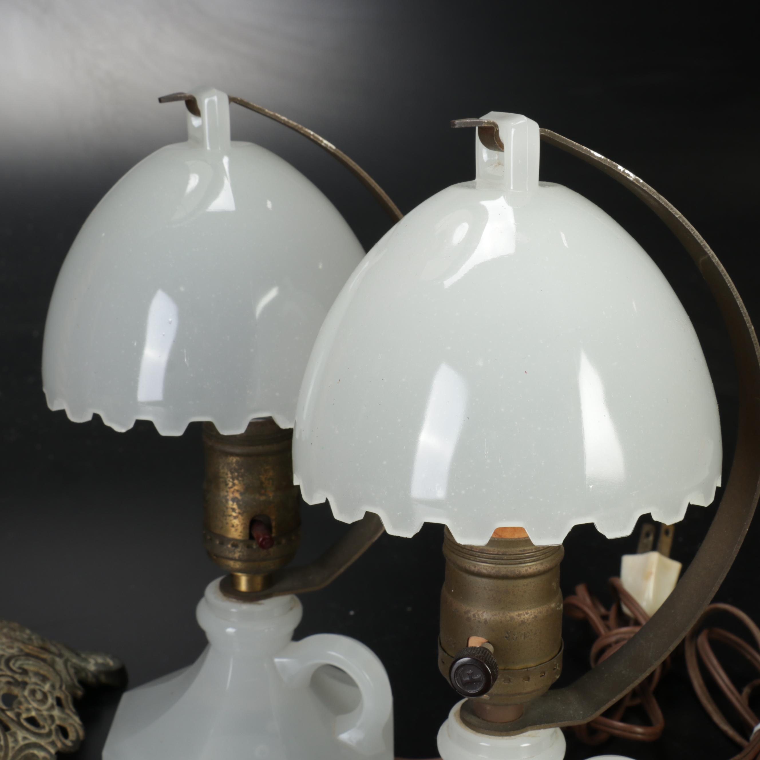Bradley & Hubbard Converted Brass Oil Lamp and Houzex Boudoir Lamps w/ Bookends