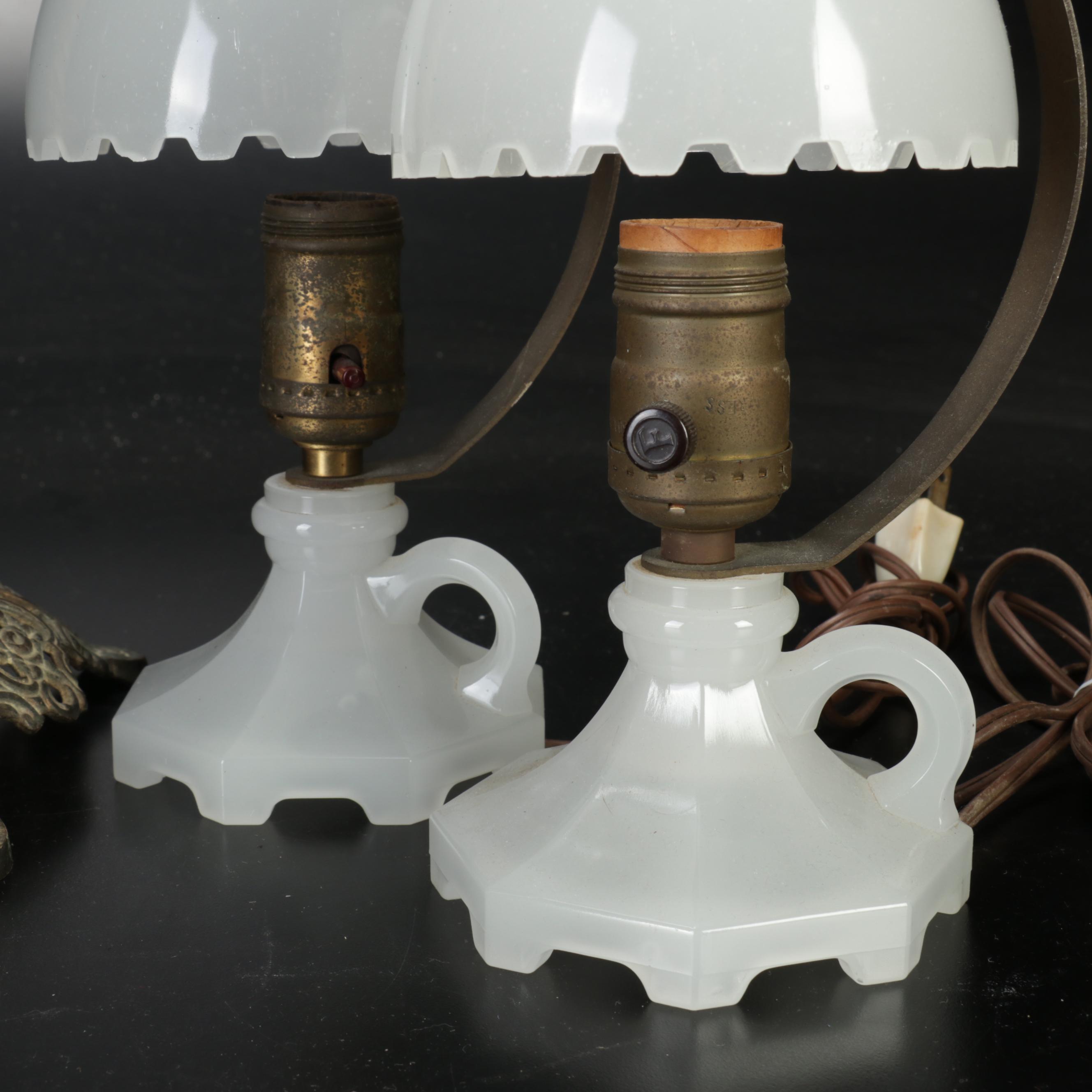 Bradley & Hubbard Converted Brass Oil Lamp and Houzex Boudoir Lamps w/ Bookends