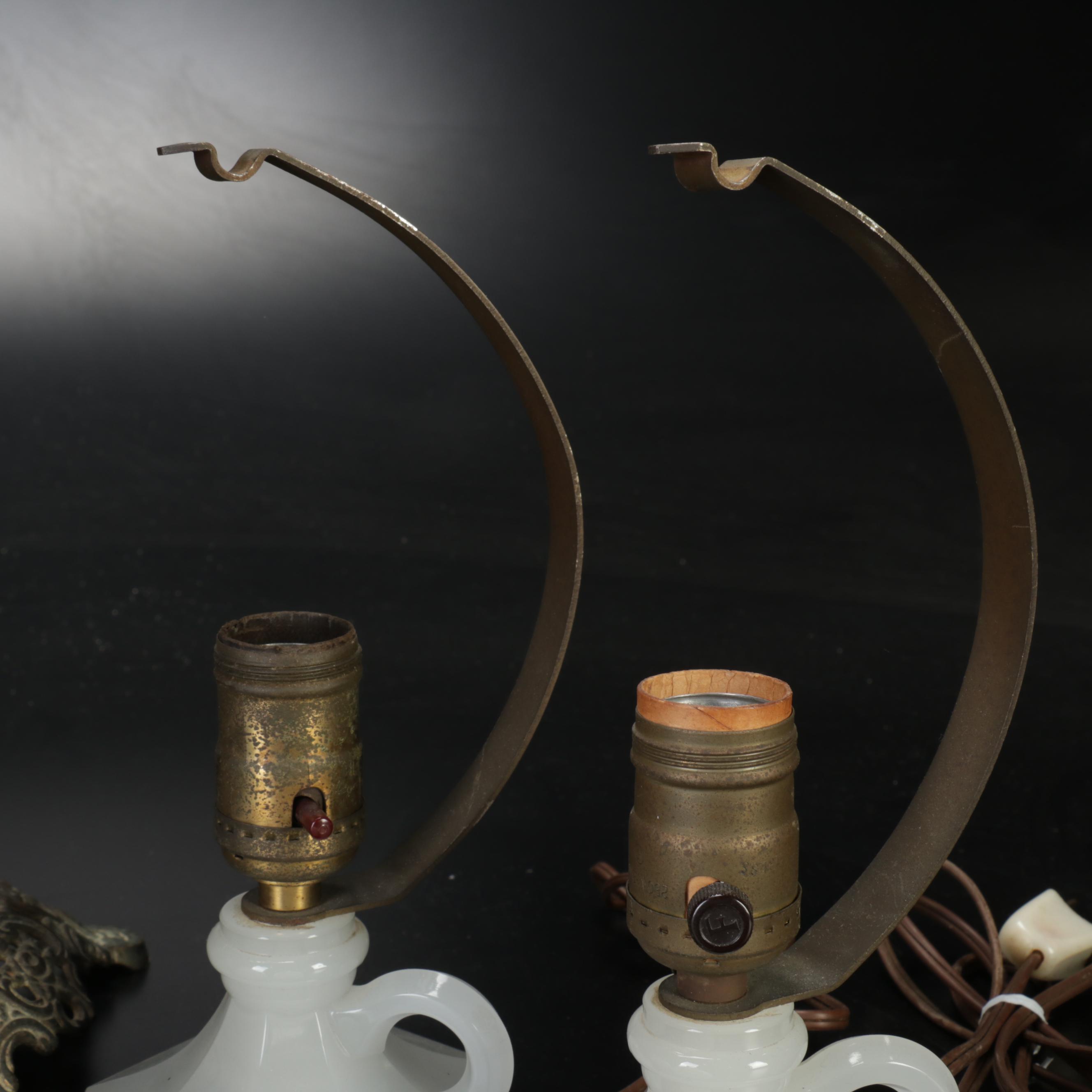 Bradley & Hubbard Converted Brass Oil Lamp and Houzex Boudoir Lamps w/ Bookends