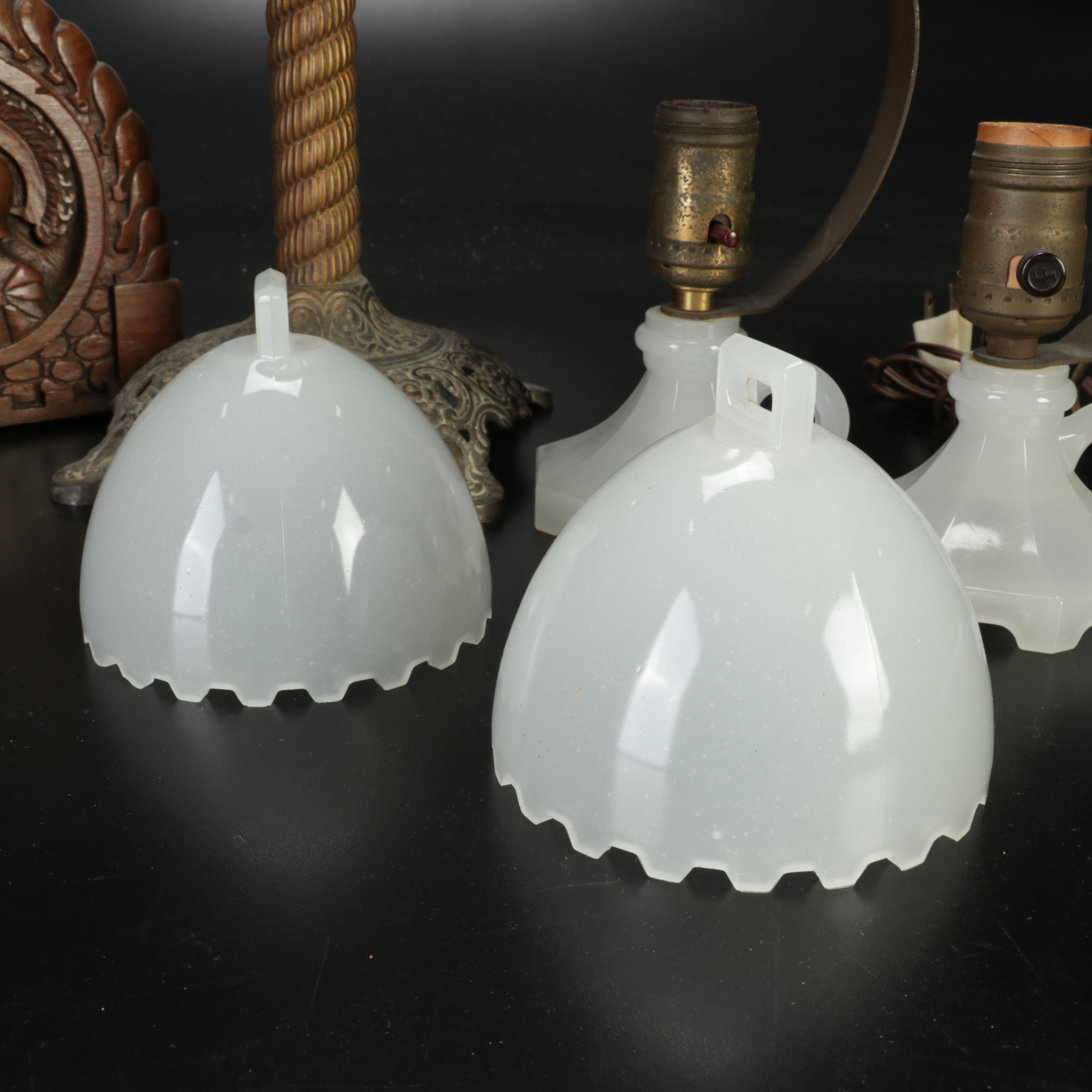 Bradley & Hubbard Converted Brass Oil Lamp and Houzex Boudoir Lamps w/ Bookends