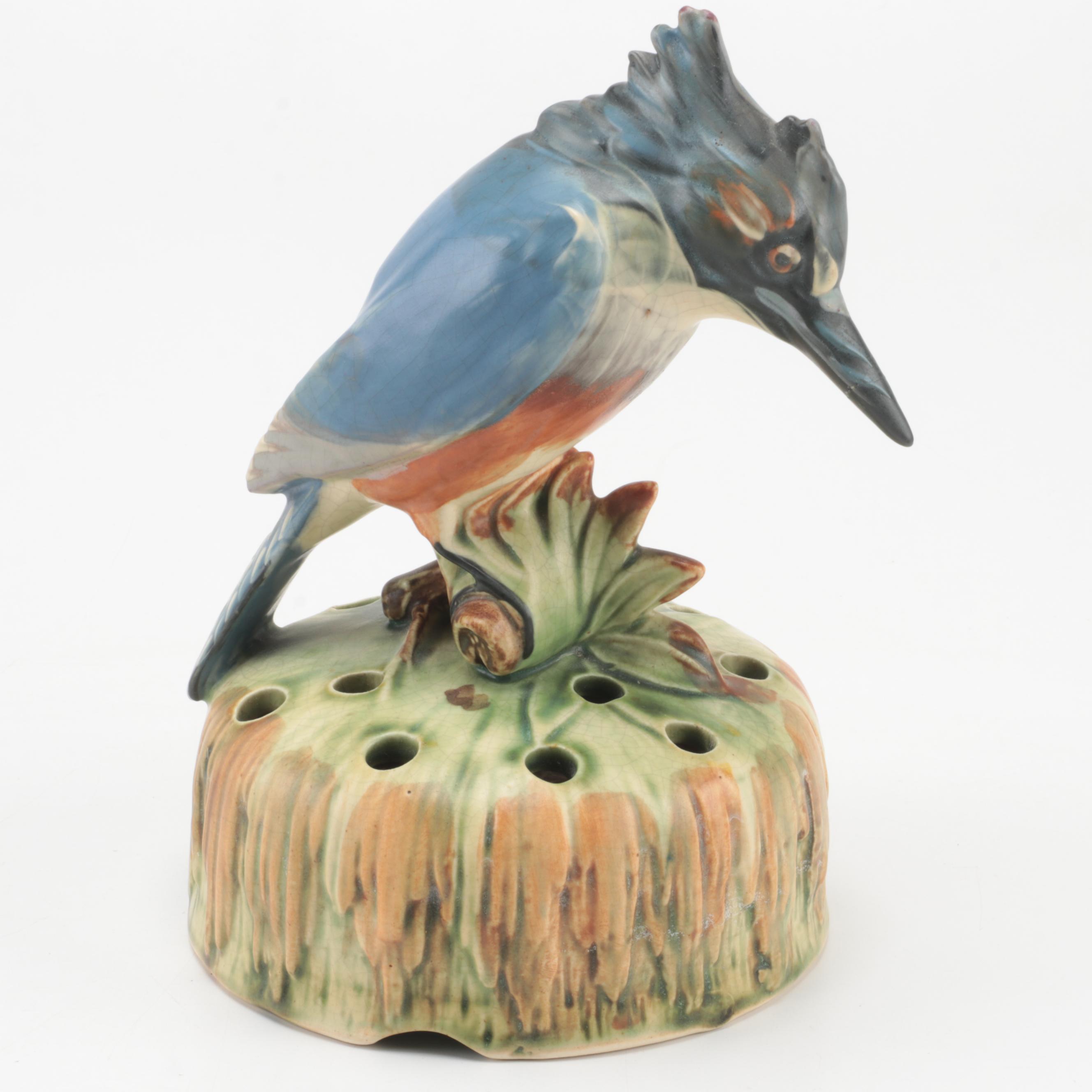 Weller Pottery "Ardsley" Cattail Bowl and "Kingfisher" Flower Frog, 1920–1928