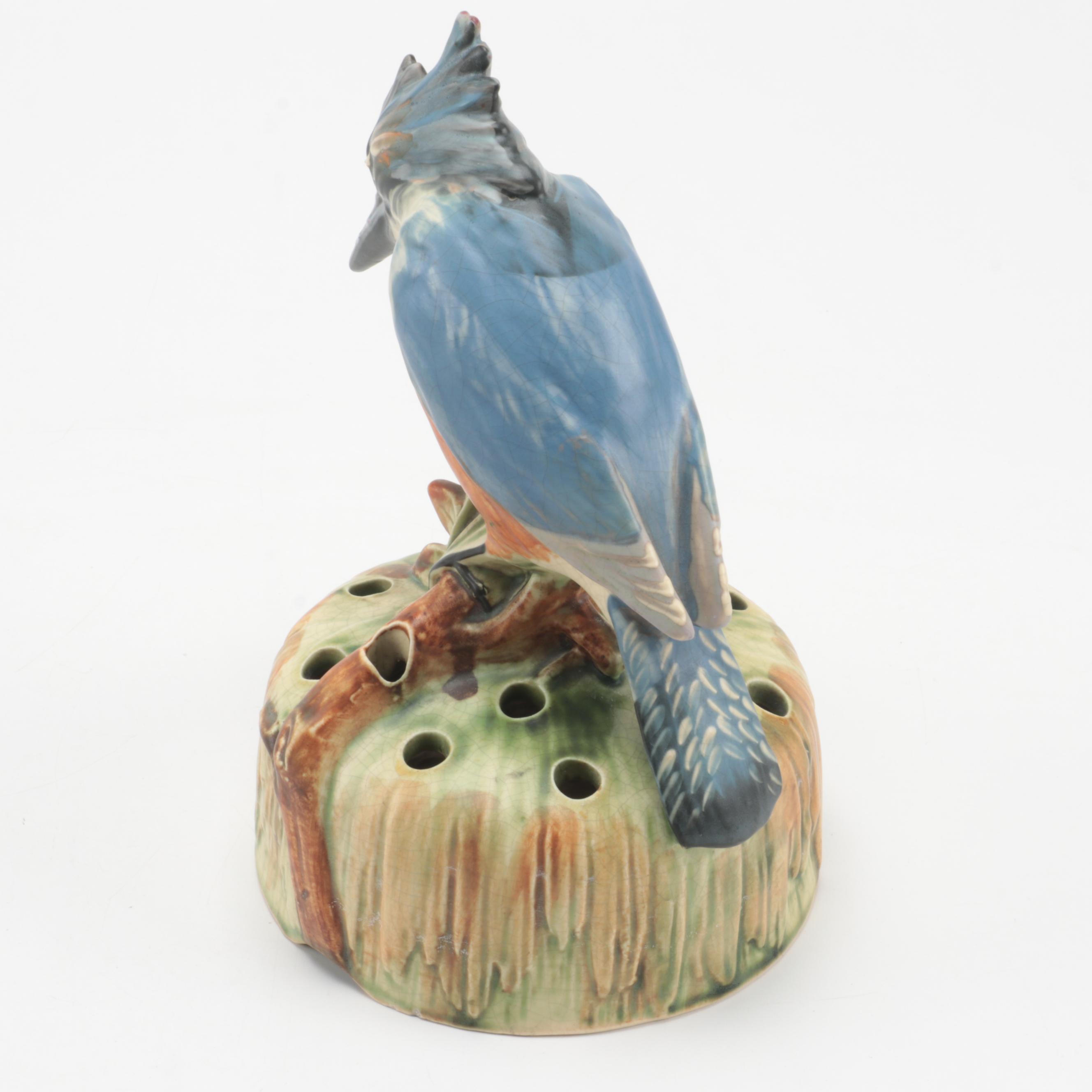 Weller Pottery "Ardsley" Cattail Bowl and "Kingfisher" Flower Frog, 1920–1928