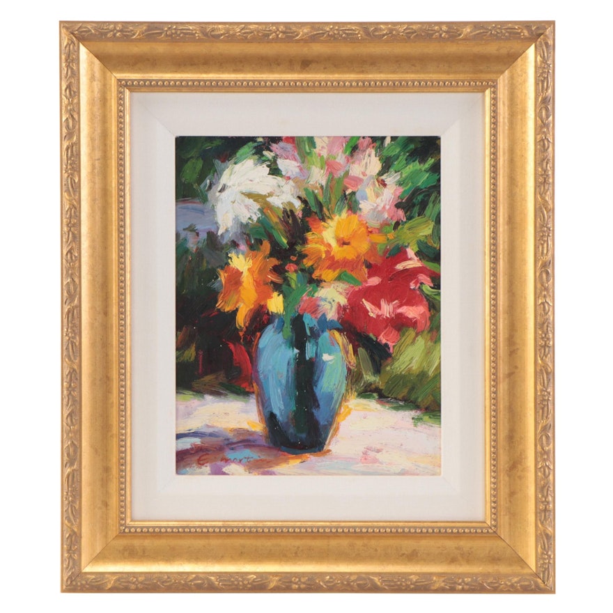 E. Martin Floral Still Life Oil Painting, Late 20th Century