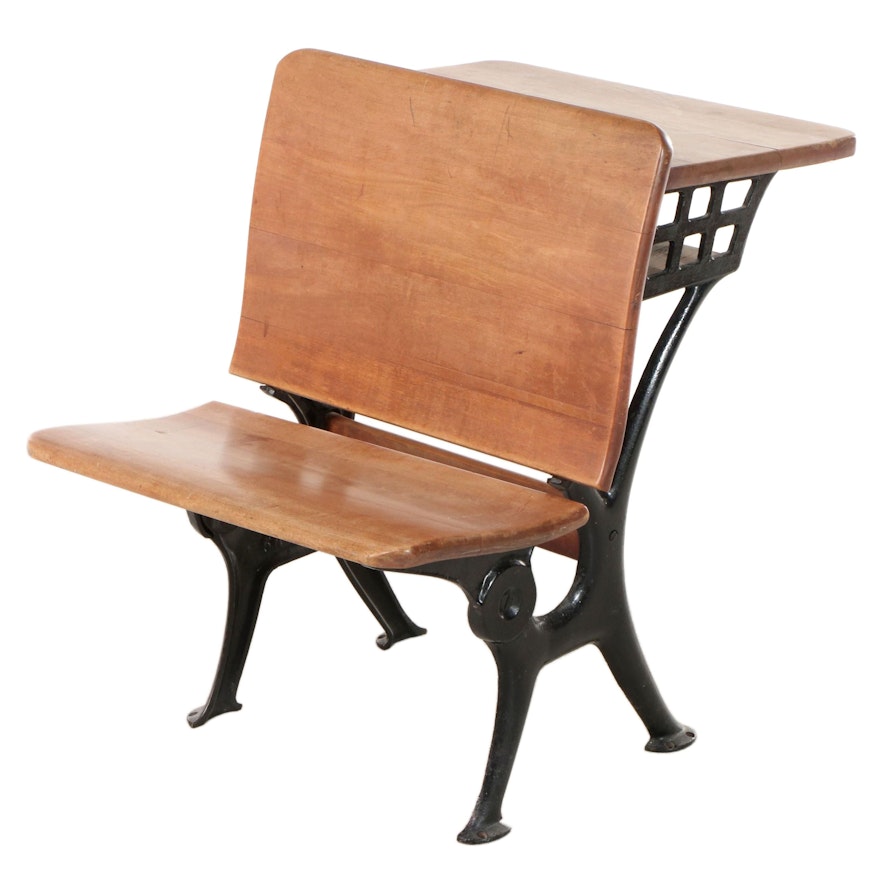 Cast Iron and Wood Child's School Desk with Folding Seat, Early 20th Century