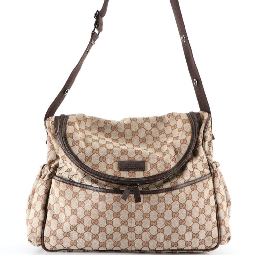 Gucci Diaper Bag in GG Canvas and Brown Leather Trim