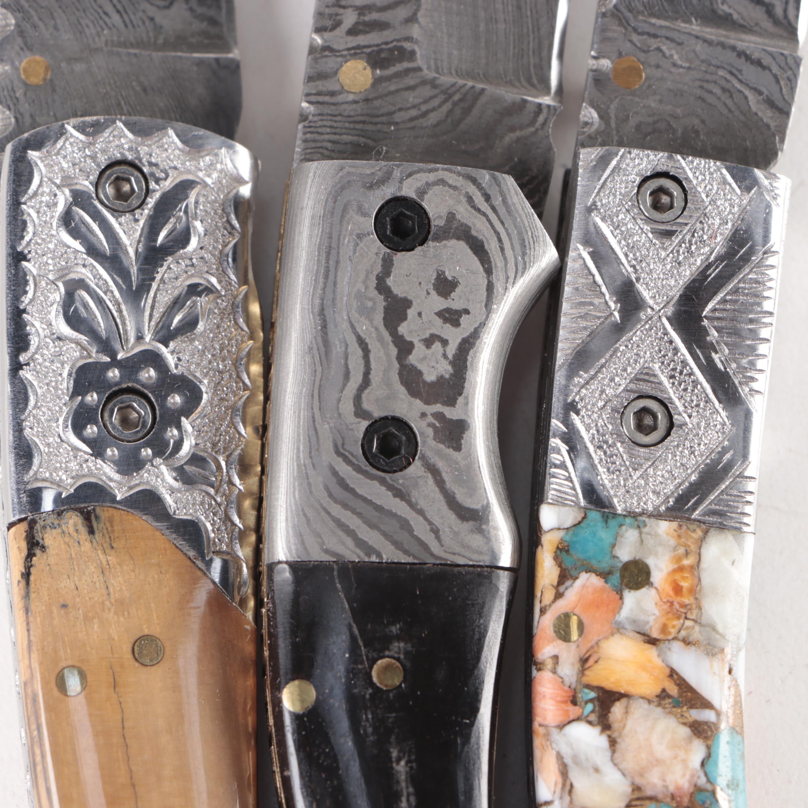 Luxury Knife Damascus Steel Folding Knives with Wood and Stone Handles