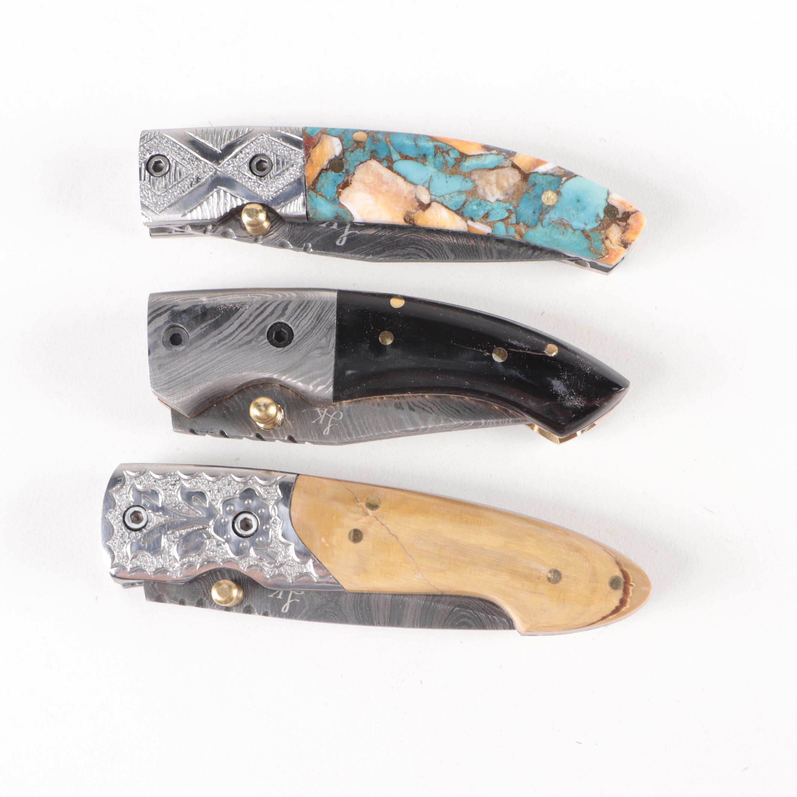 Luxury Knife Damascus Steel Folding Knives with Wood and Stone Handles