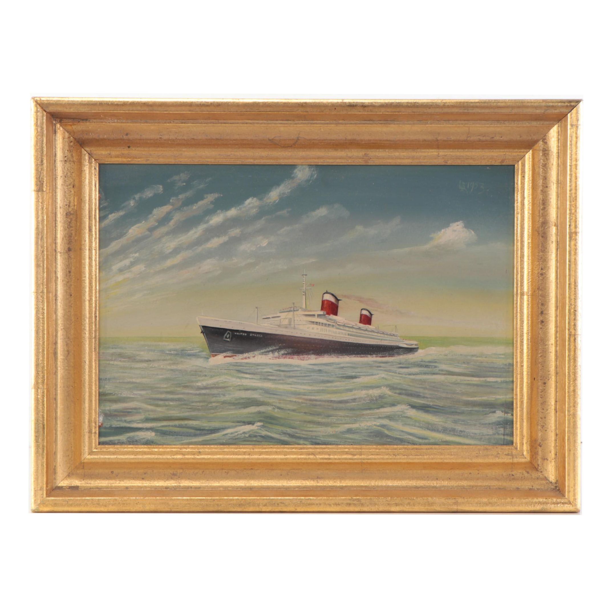 Oil Painting of the S.S. United States Ocean Liner, 1953