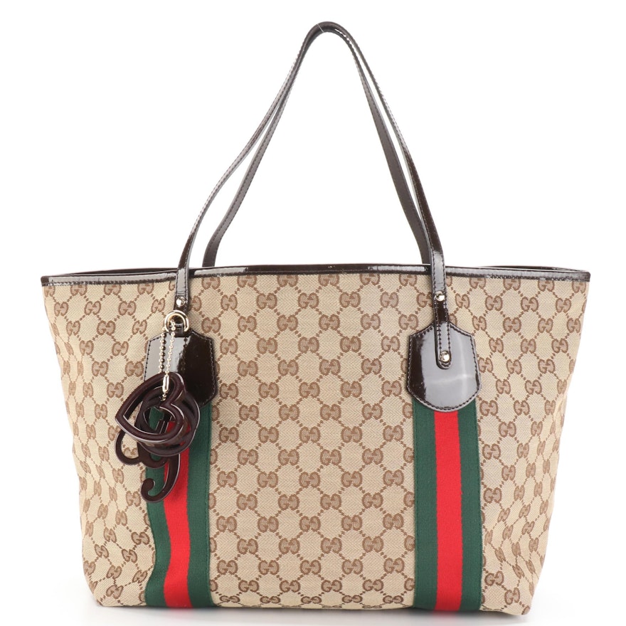 Gucci Jolie Web Charms Tote in GG Canvas with Brown Patent Leather Trim