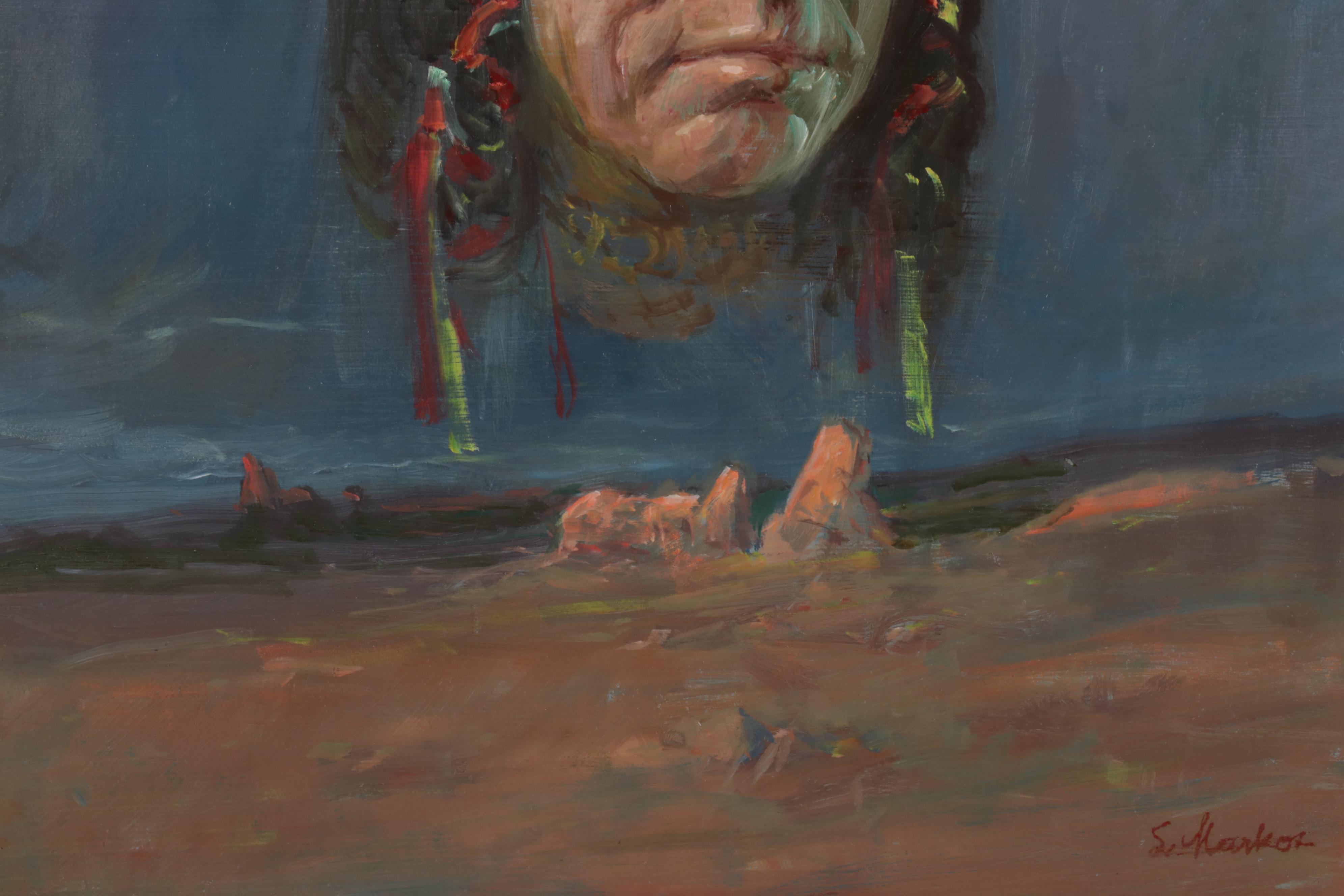 Lajos Markos Oil Study of Native American Head in Western Sky