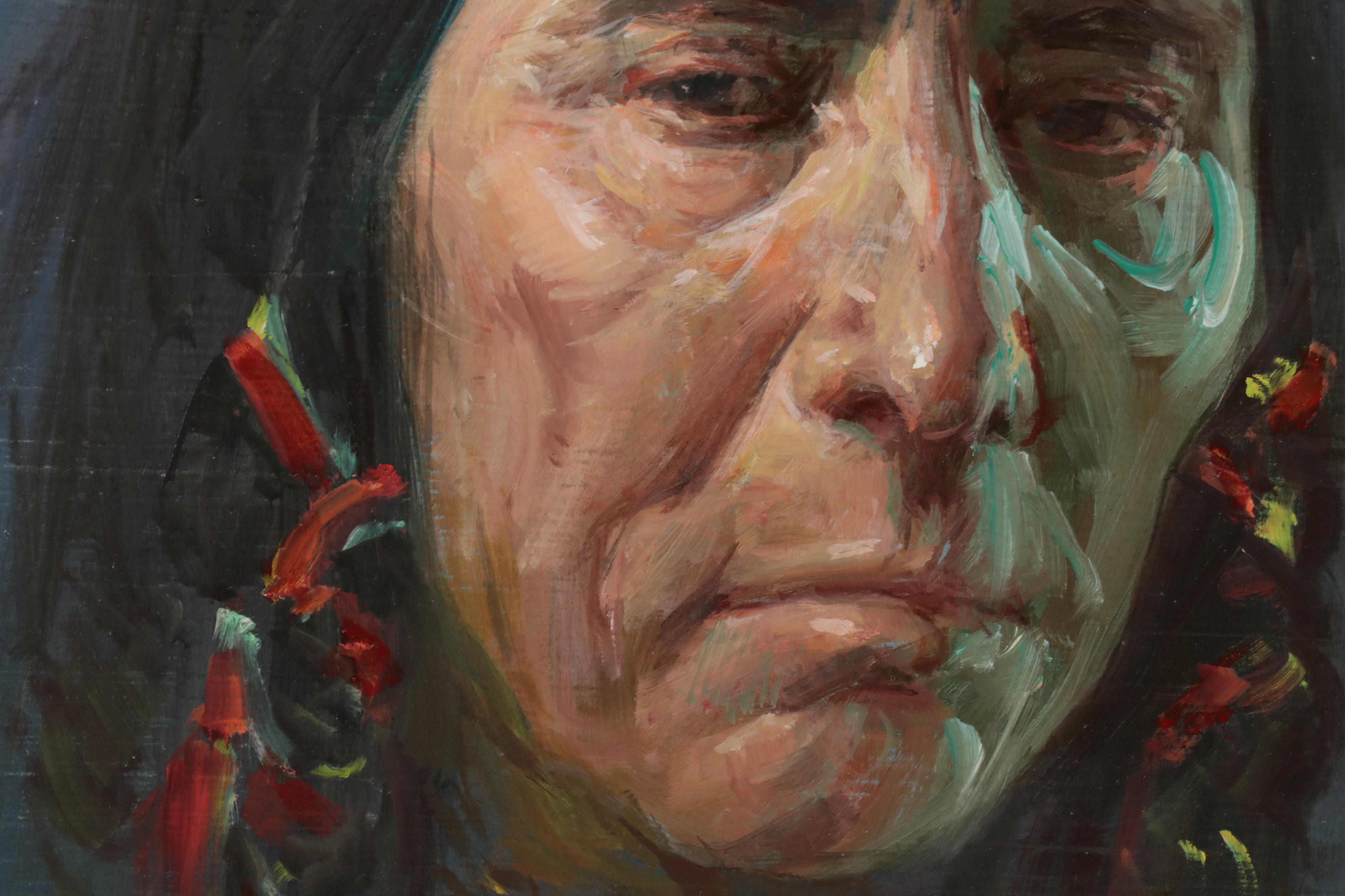 Lajos Markos Oil Study of Native American Head in Western Sky