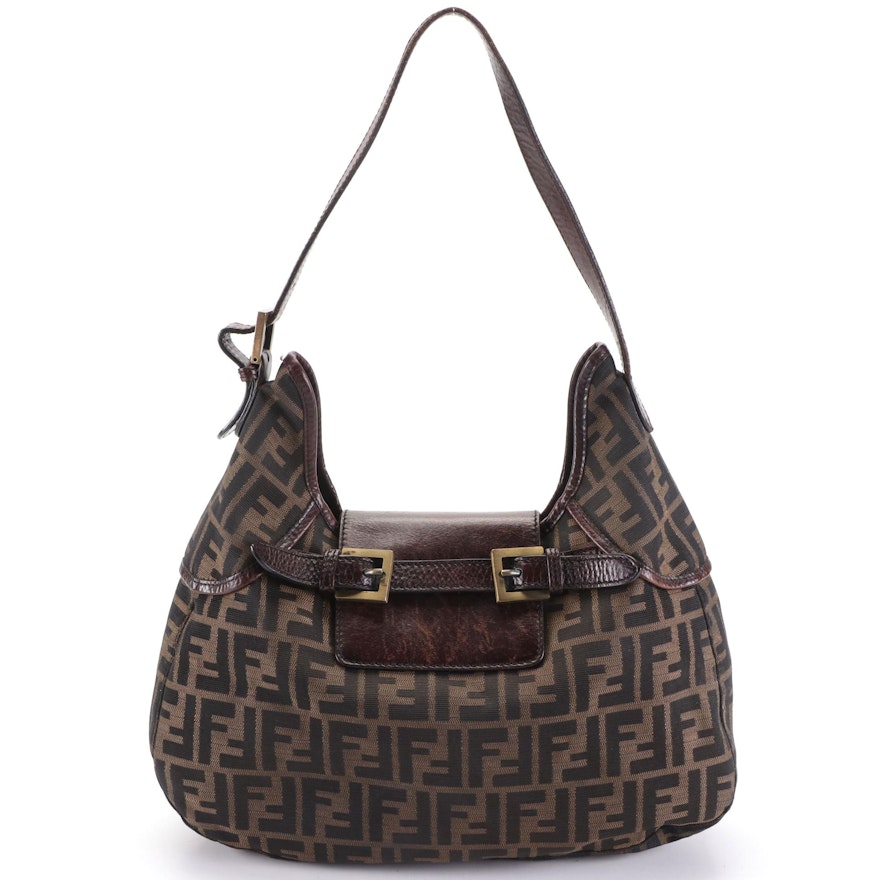 Fendi Hobo Bag in Zucca Canvas and Brown Leather Trim