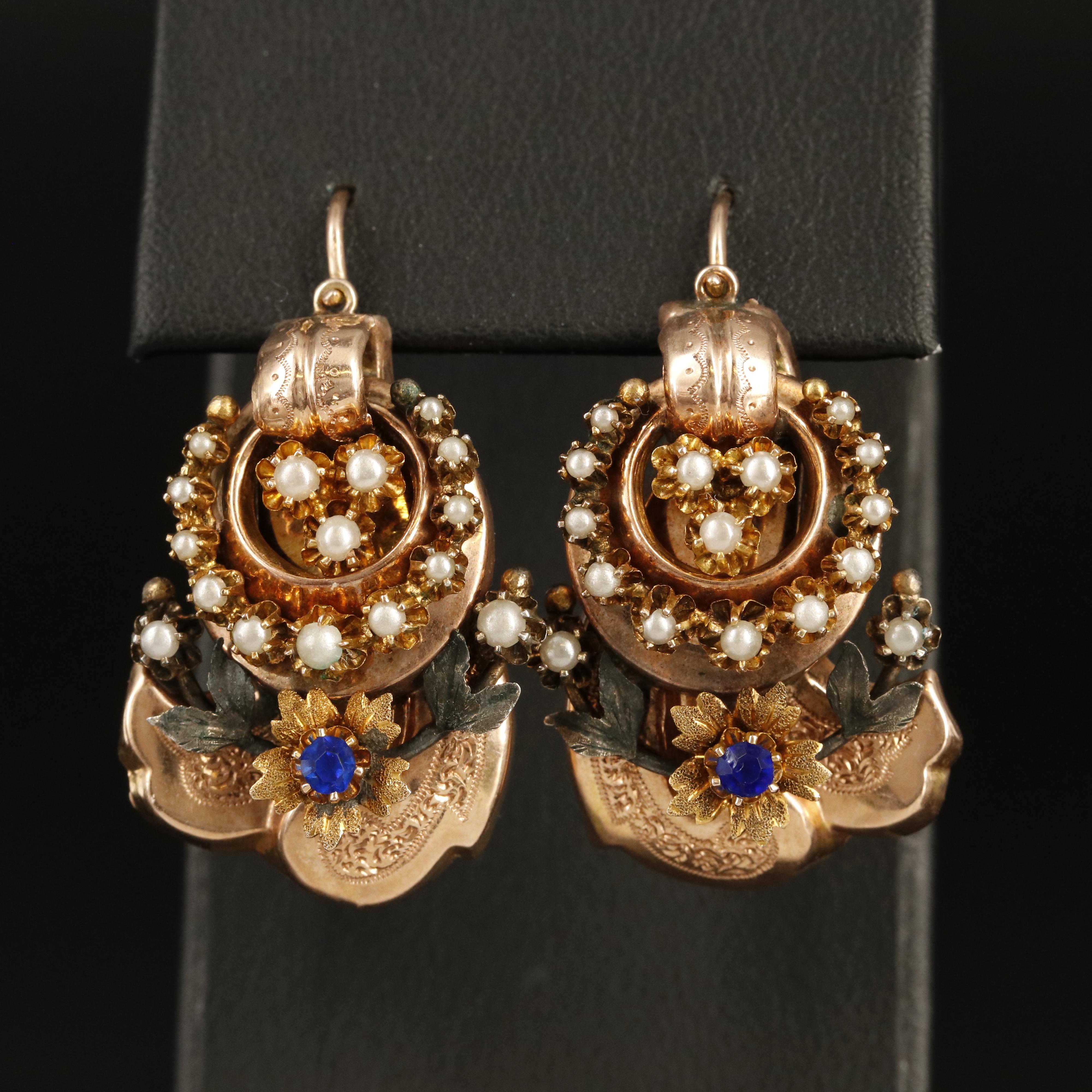 Victorian 10K Rose Gold Glass and Imitation Pearl Earrings