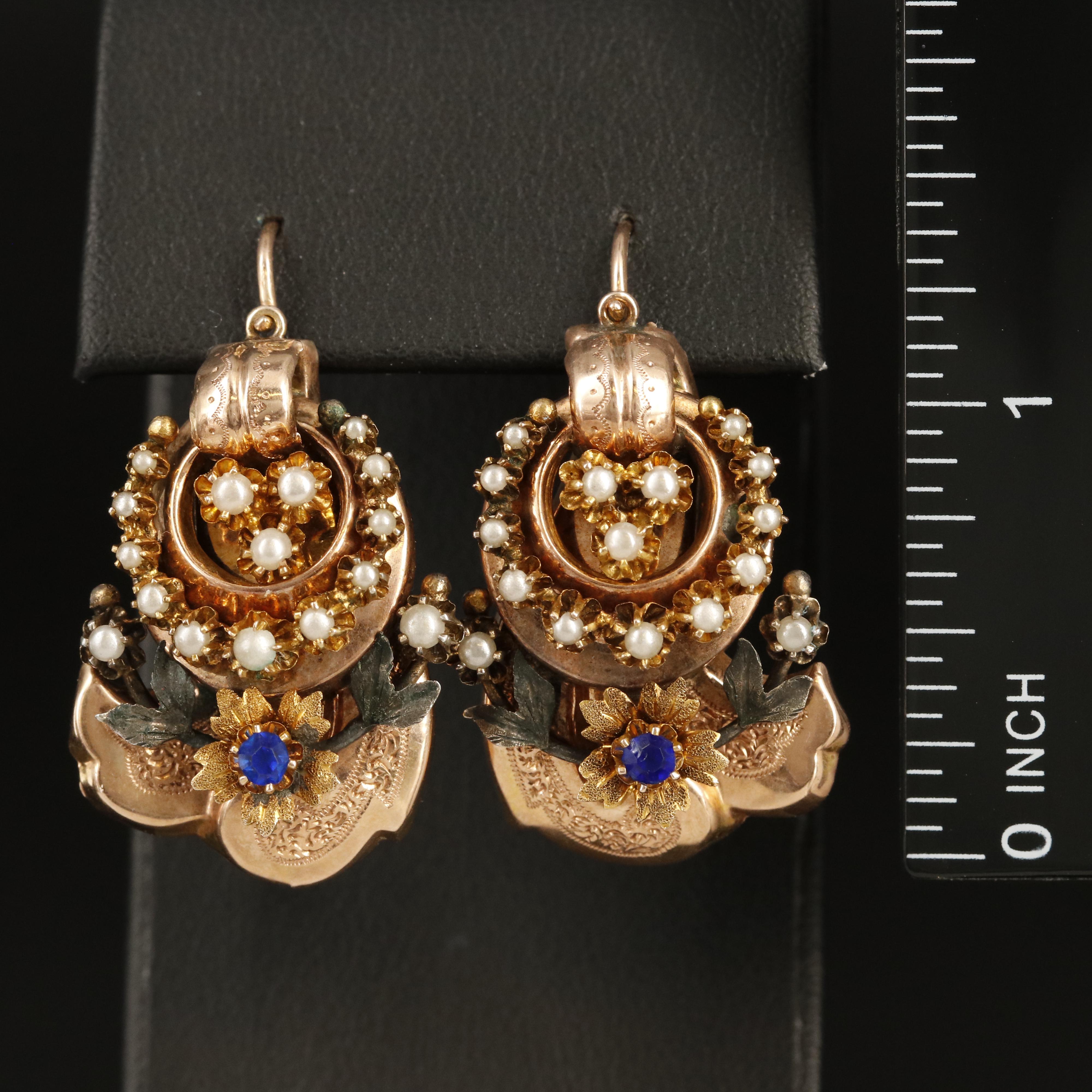 Victorian 10K Rose Gold Glass and Imitation Pearl Earrings