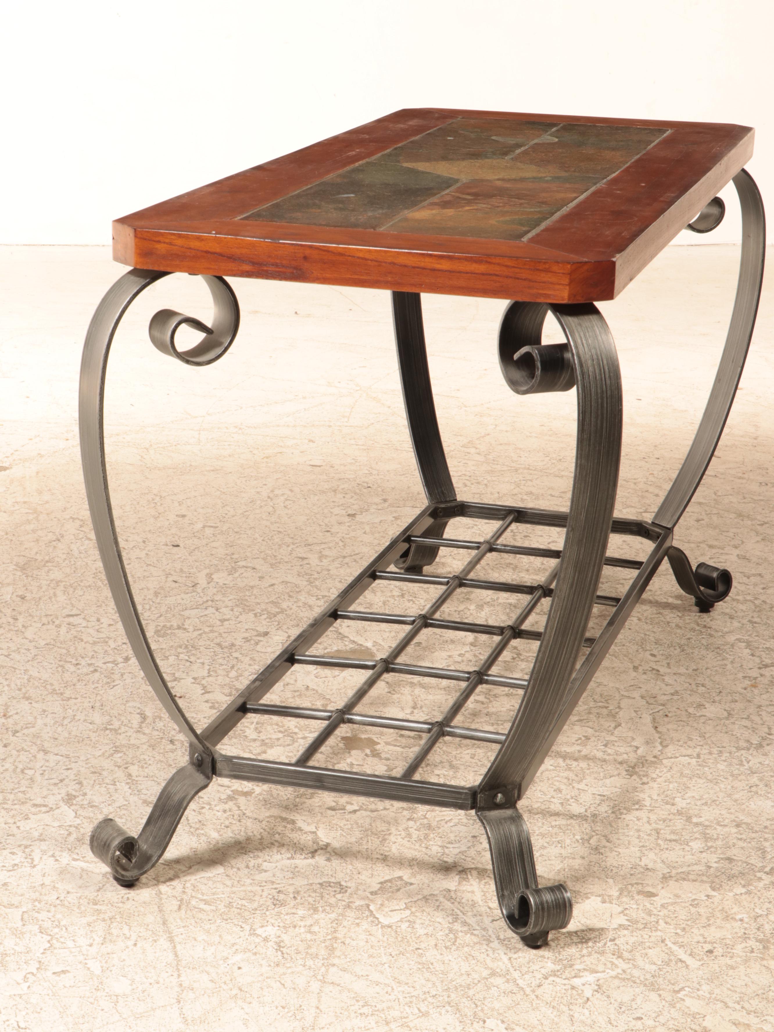 Contemporary Patinated Metal, Hardwood, and Slate Tile Console Table
