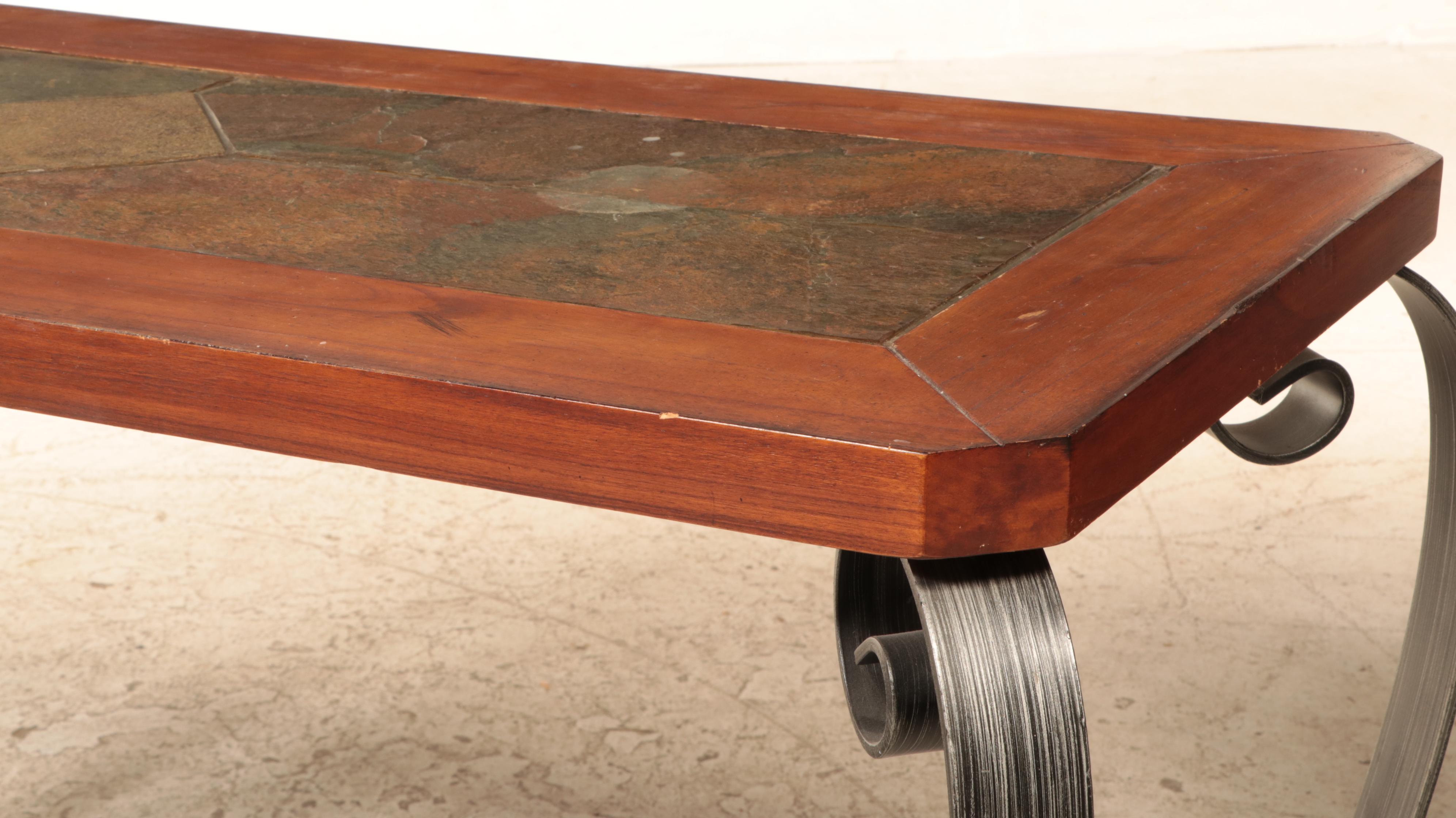 Contemporary Patinated Metal, Hardwood, and Slate Tile Console Table