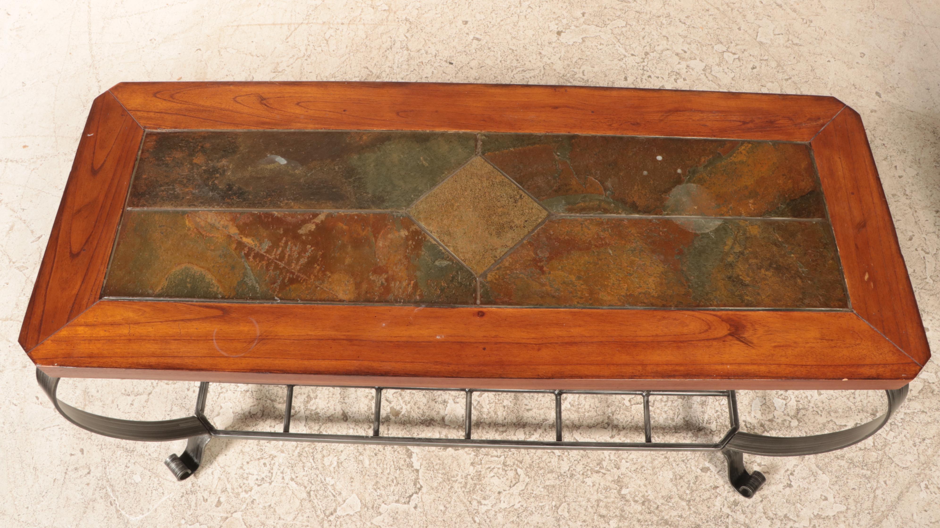 Contemporary Patinated Metal, Hardwood, and Slate Tile Console Table