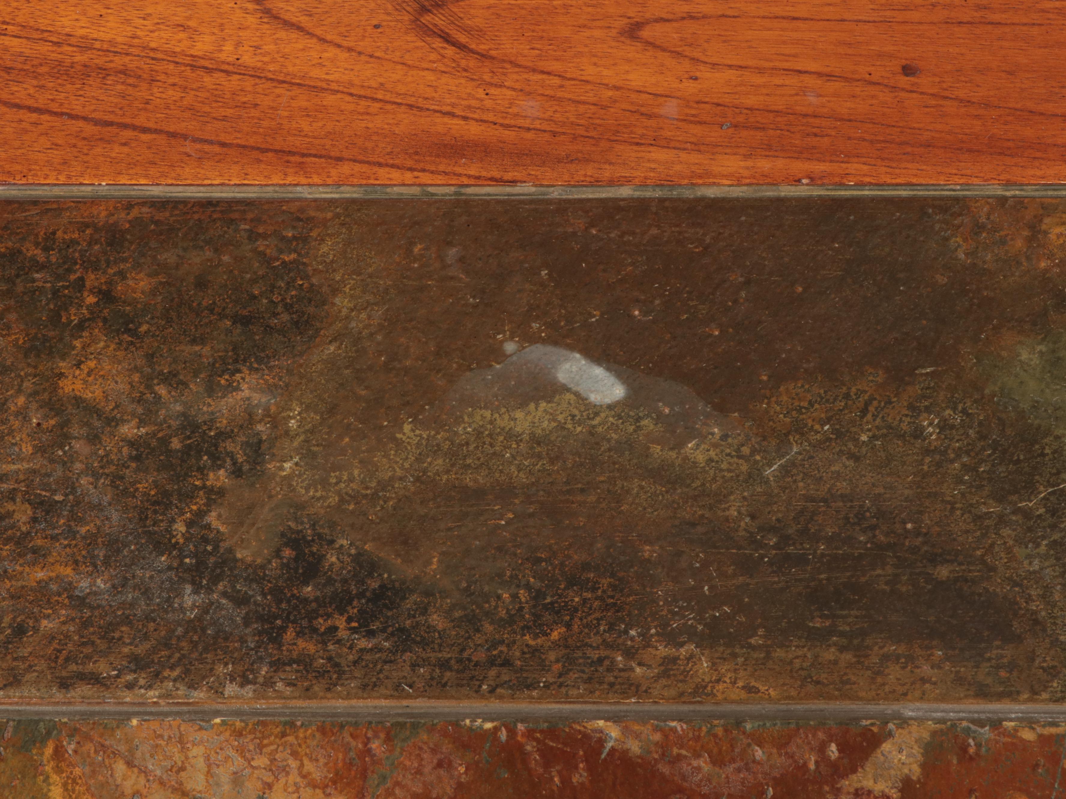 Contemporary Patinated Metal, Hardwood, and Slate Tile Console Table