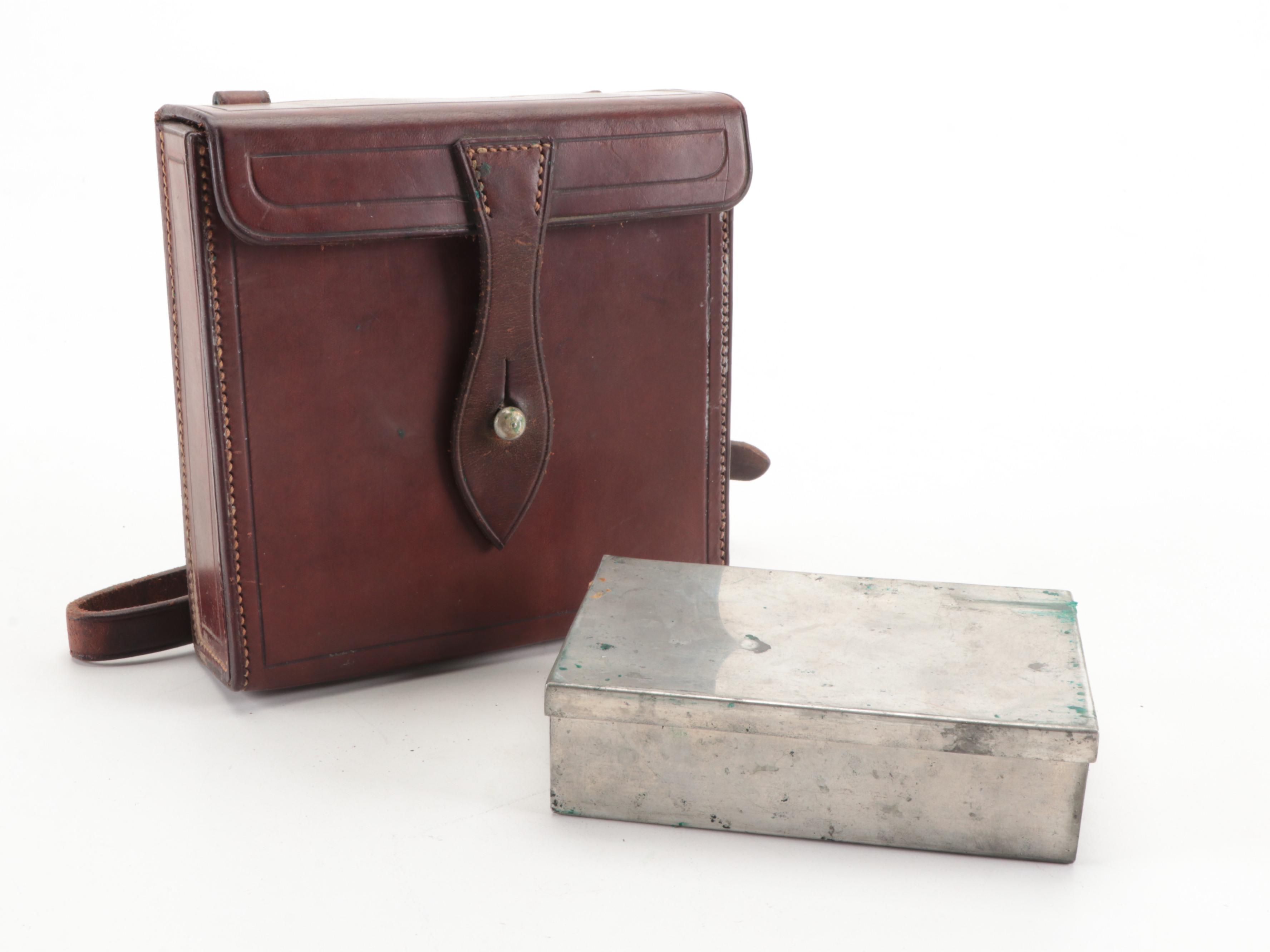 British Hunting Canteen Sandwich Bag and Glass Riding Flask with Leather Case