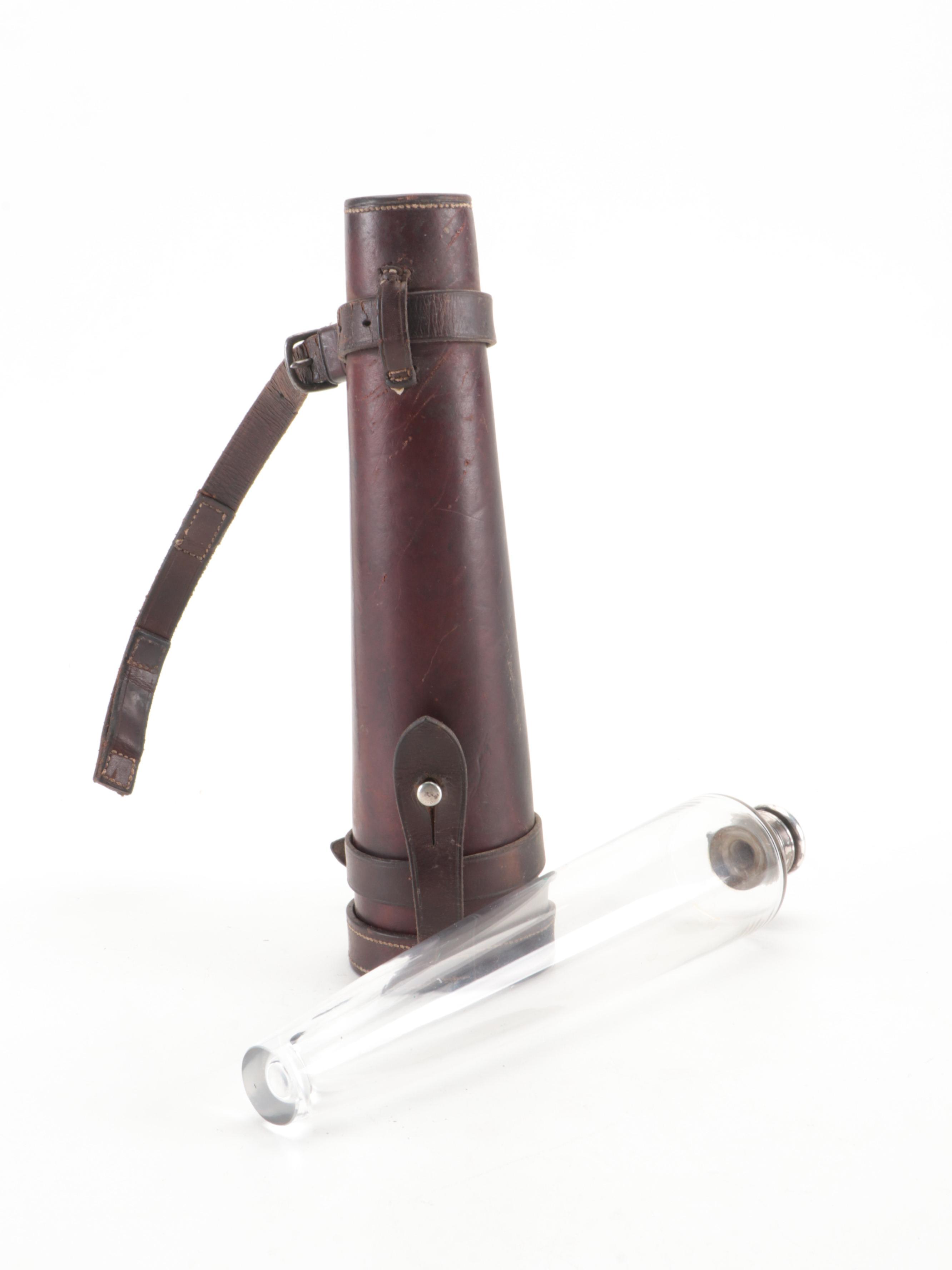 British Hunting Canteen Sandwich Bag and Glass Riding Flask with Leather Case