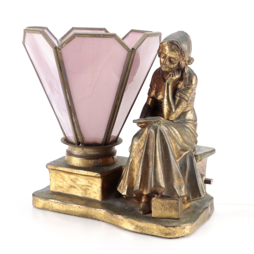 Jennings Brothers Gilt Metal Lamp with Pink Slag Glass Shade